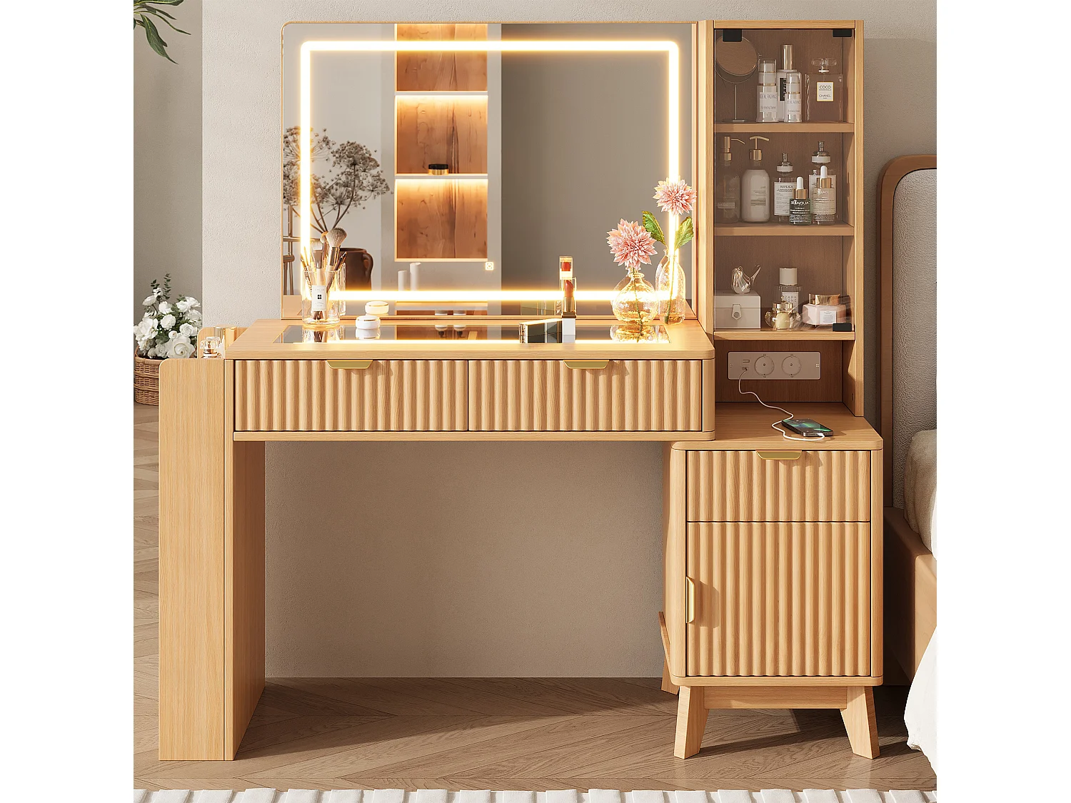 Sminkbord med spegel 133x40x136 cm - med dimbar LED - 2 eluttag, USB- och Type-C-portar - med 3 lådor och 1 dörr - natur