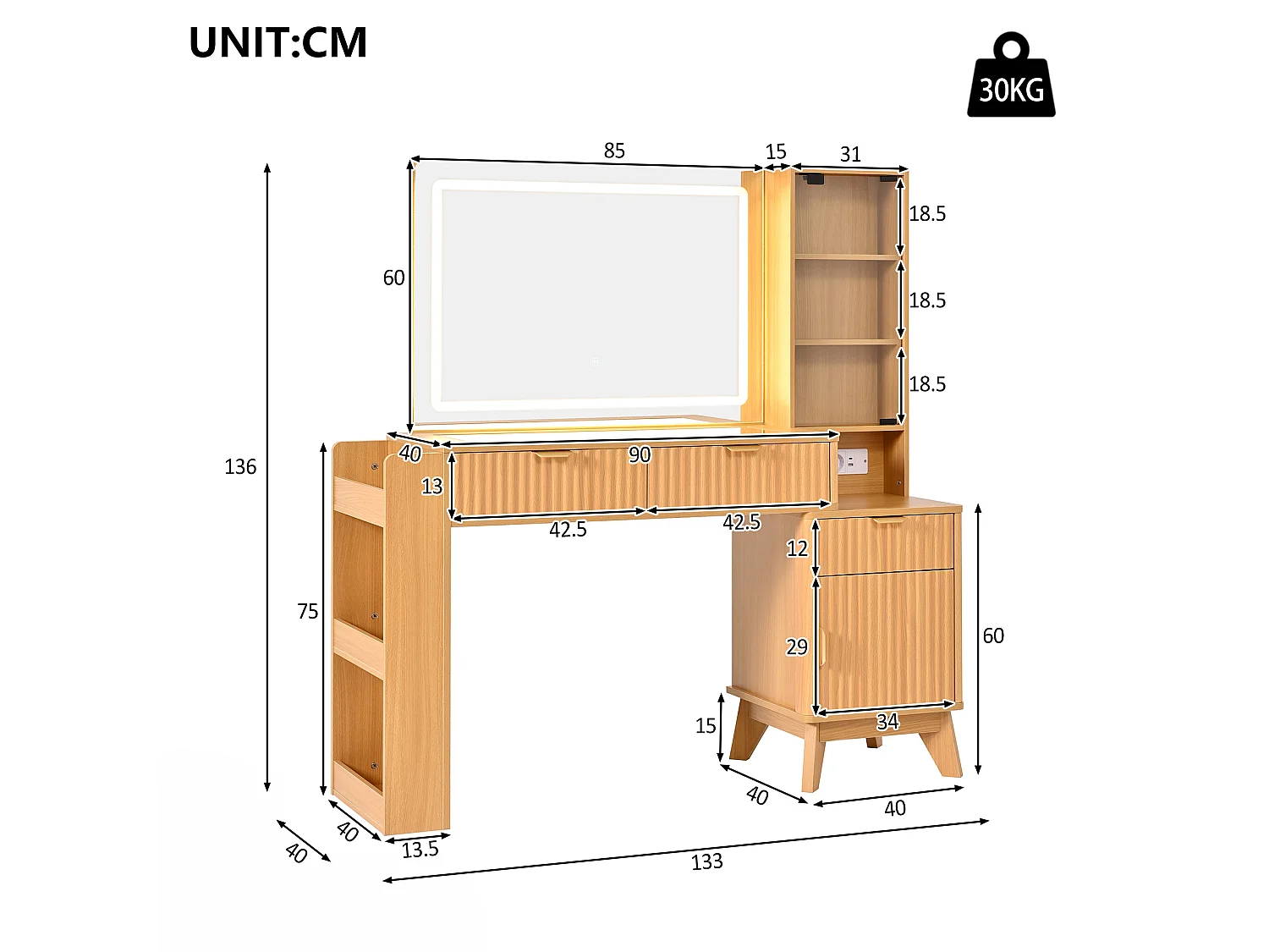 Sminkbord med spegel 133x40x136 cm - med dimbar LED - 2 eluttag, USB- och Type-C-portar - med 3 lådor och 1 dörr - natur