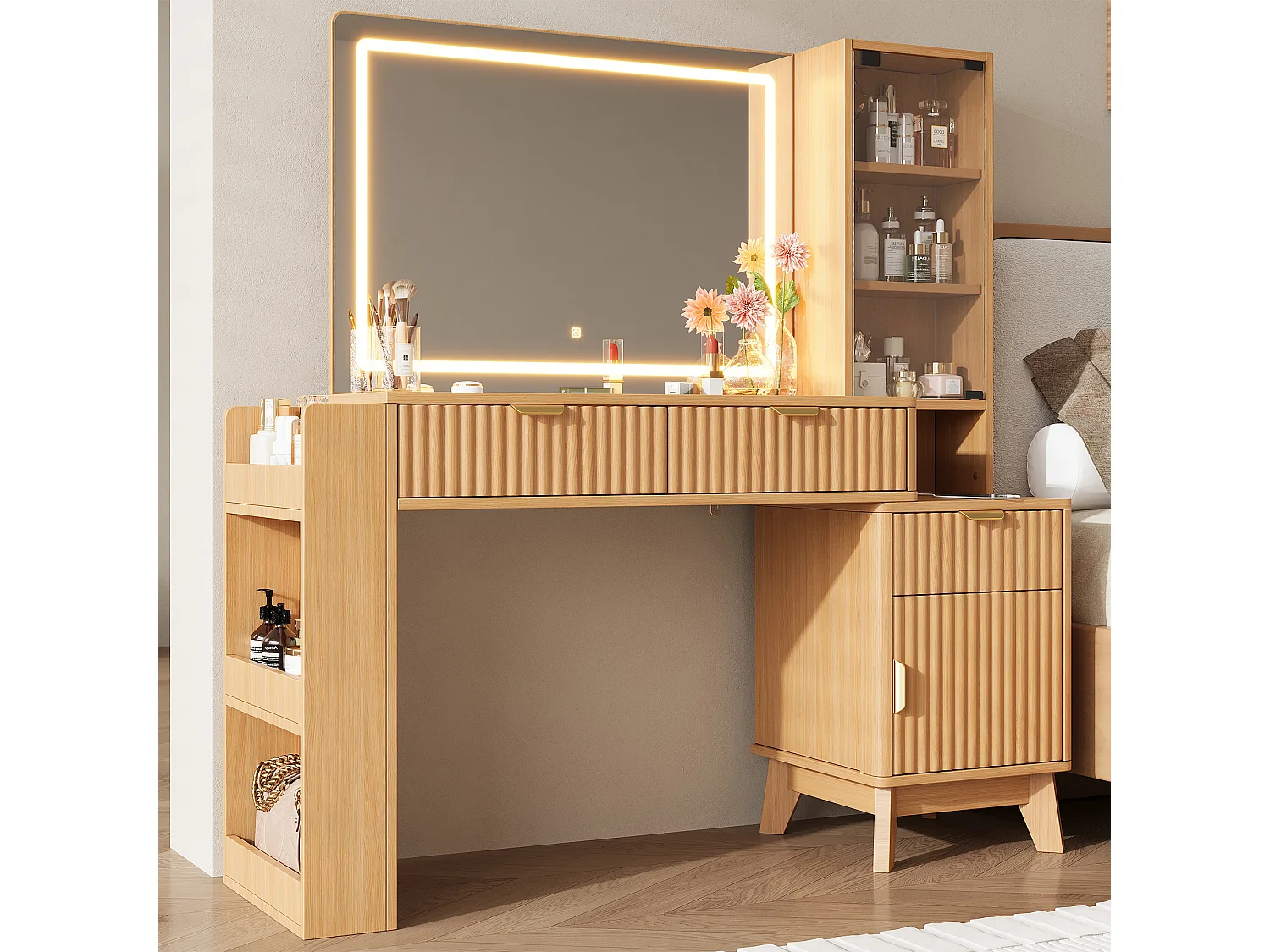 Sminkbord med spegel 133x40x136 cm - med dimbar LED - 2 eluttag, USB- och Type-C-portar - med 3 lådor och 1 dörr - natur