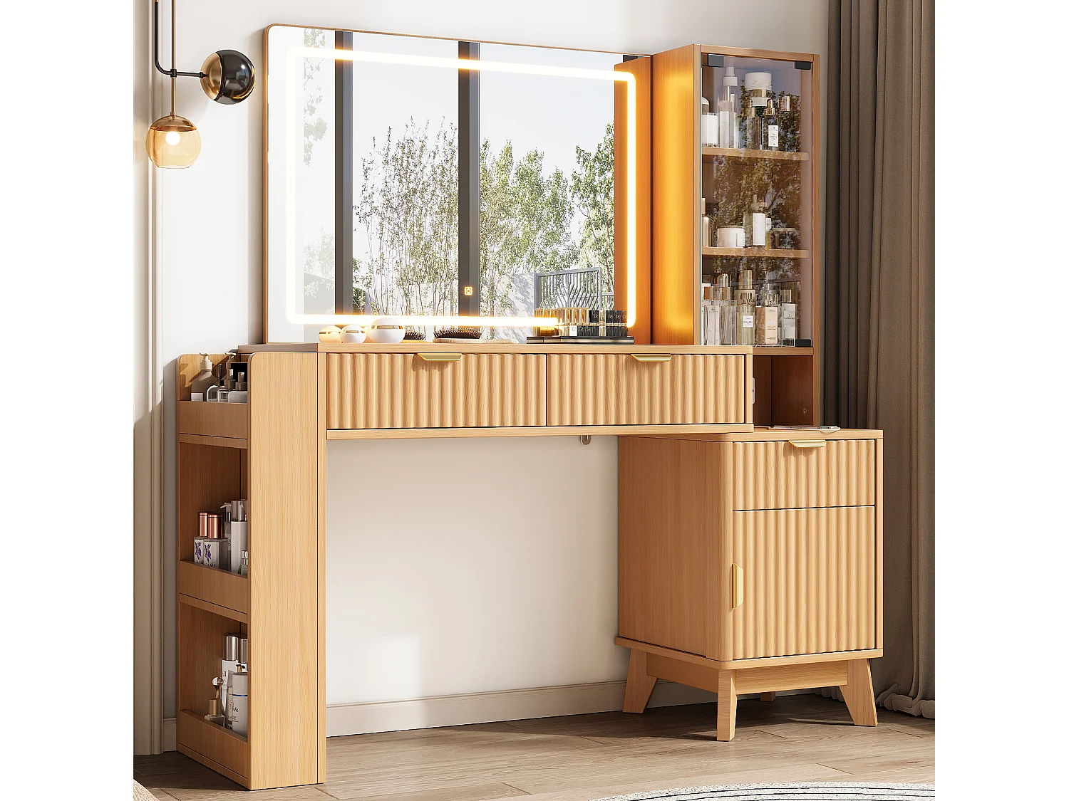Sminkbord med spegel 133x40x136 cm - med dimbar LED - 2 eluttag, USB- och Type-C-portar - med 3 lådor och 1 dörr - natur
