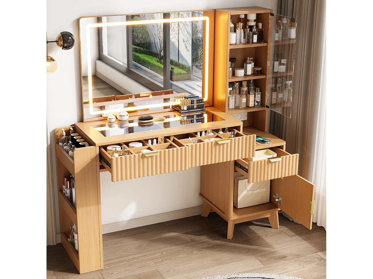 Sminkbord med spegel 133x40x136 cm - med dimbar LED - 2 eluttag, USB- och Type-C-portar - med 3 lådor och 1 dörr - natur