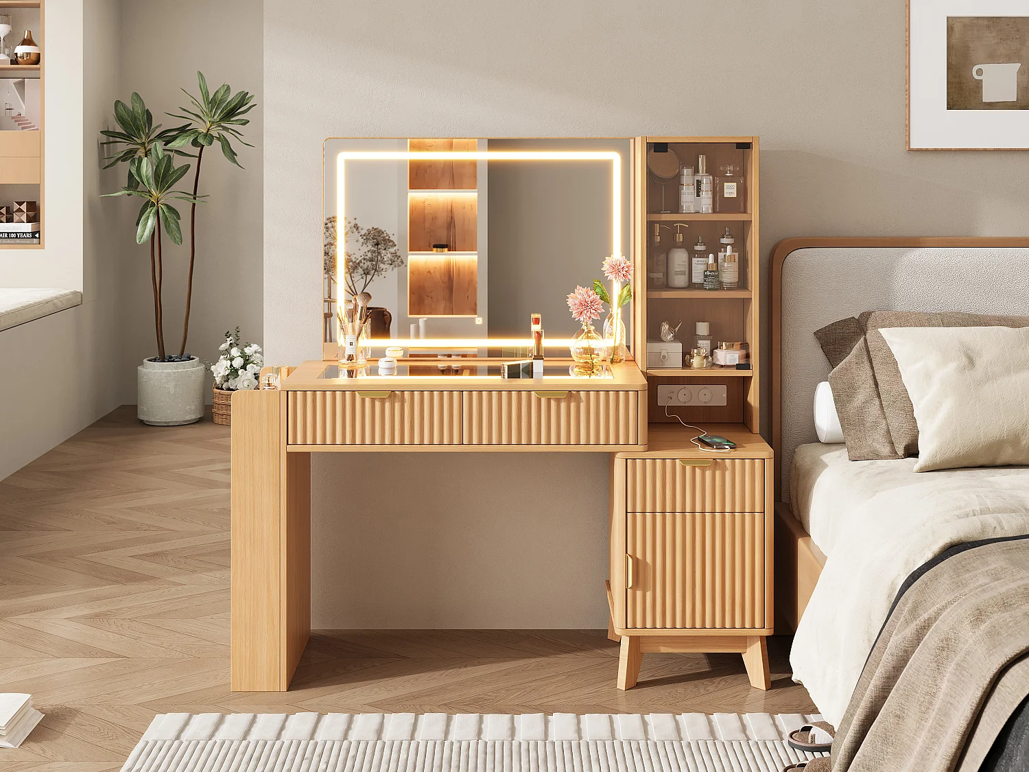 Sminkbord med spegel 133x40x136 cm - med dimbar LED - 2 eluttag, USB- och Type-C-portar - med 3 lådor och 1 dörr - natur