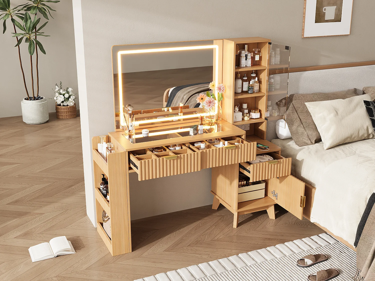 Sminkbord med spegel 133x40x136 cm - med dimbar LED - 2 eluttag, USB- och Type-C-portar - med 3 lådor och 1 dörr - natur