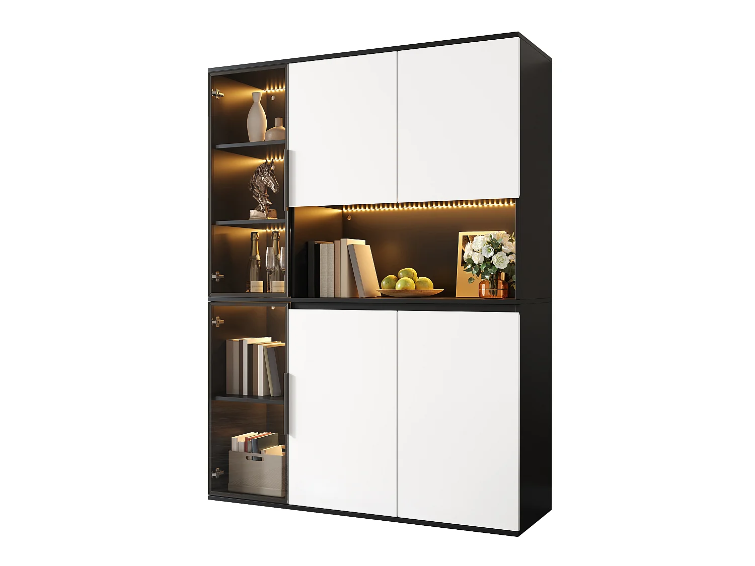 Display Cabinet / Tall Cabinet 120x40x160 cm - 6 Doors - LED Lighting - MDF - White + Black