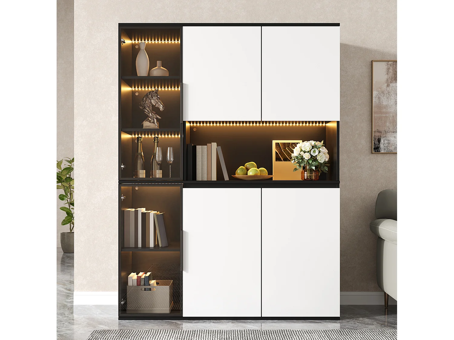 Display Cabinet / Tall Cabinet 120x40x160 cm - 6 Doors - LED Lighting - MDF - White + Black