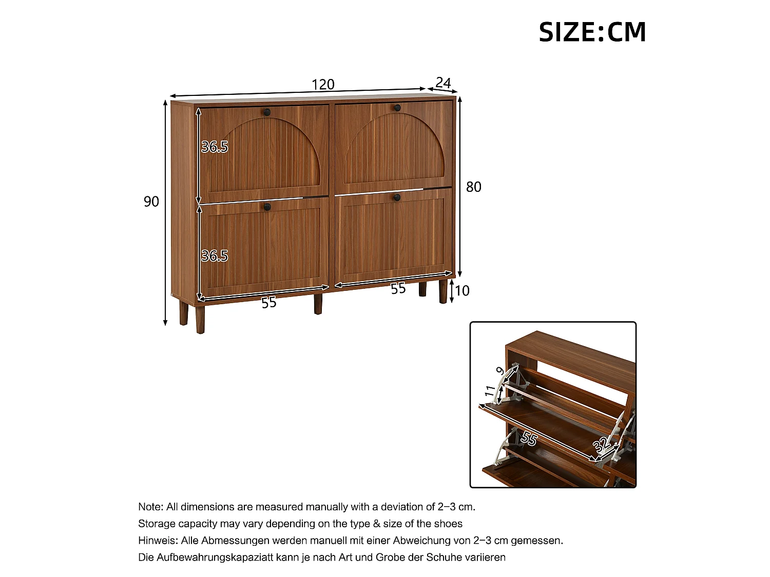 Moderner Schuhschrank 120x24x90 cm - 4 Rattan-Türen - 8 Regale, 2 Haken - MDF - braun
