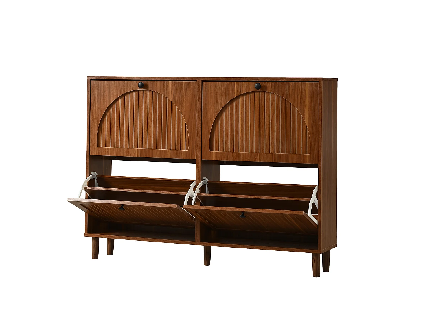 Moderner Schuhschrank 120x24x90 cm - 4 Rattan-Türen - 8 Regale, 2 Haken - MDF - braun