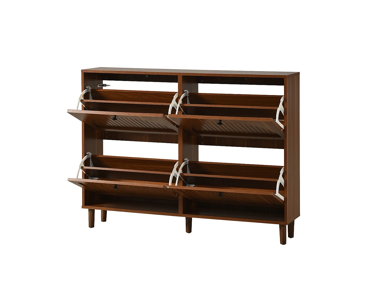 Moderner Schuhschrank 120x24x90 cm - 4 Rattan-Türen - 8 Regale, 2 Haken - MDF - braun