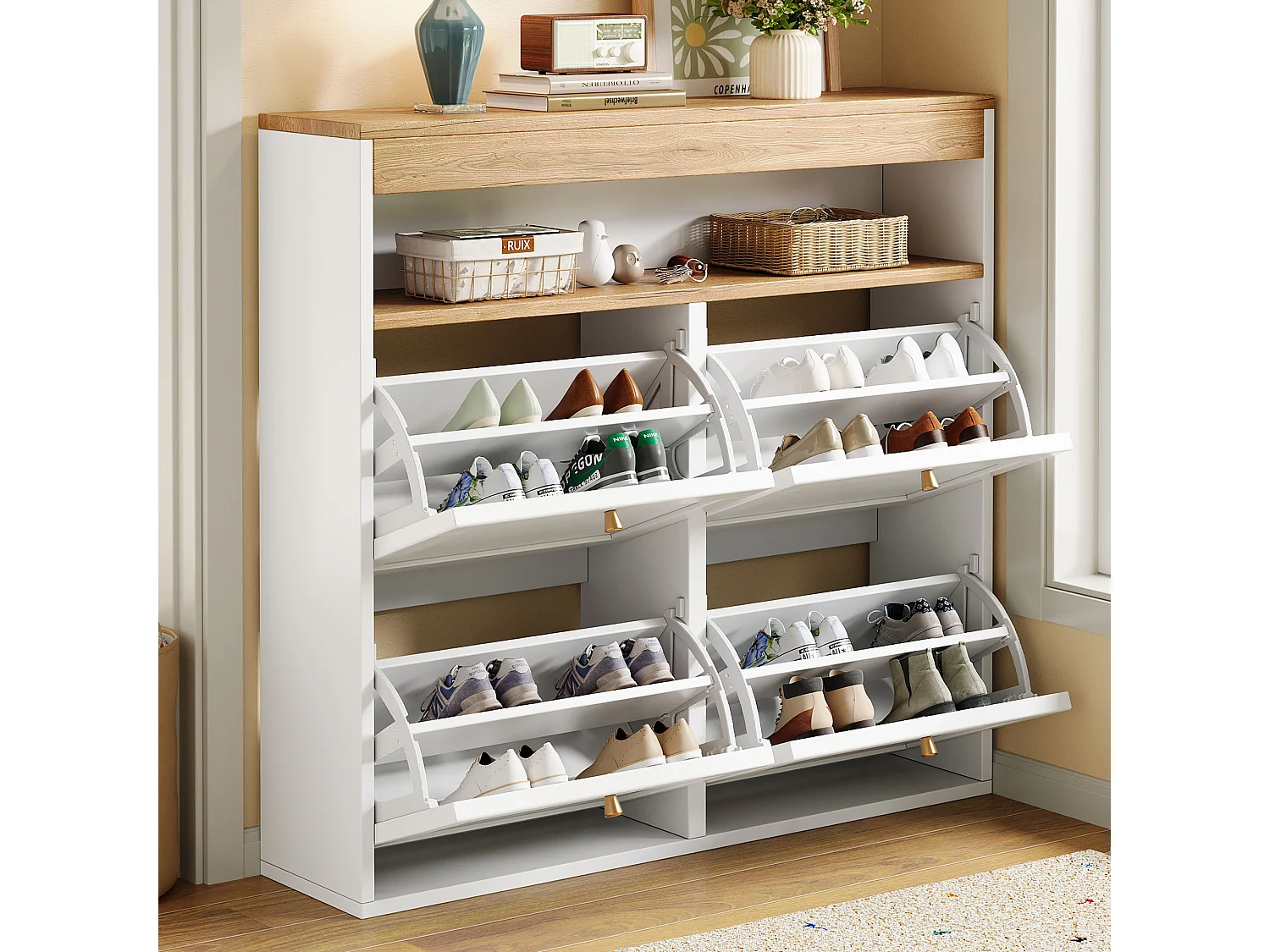 Schoenenkast 105x25x100 cm - met 4 deuren - verstelbare planken en open opbergruimte - naturel + wit