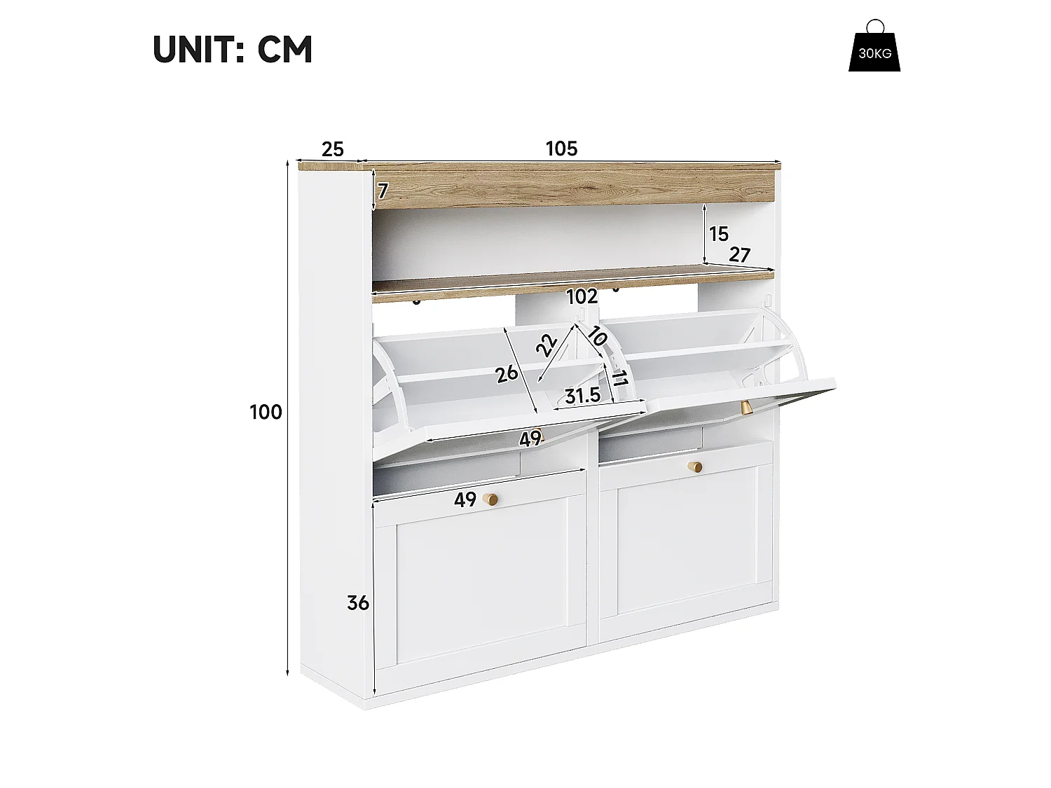 Schoenenkast 105x25x100 cm - met 4 deuren - verstelbare planken en open opbergruimte - naturel + wit
