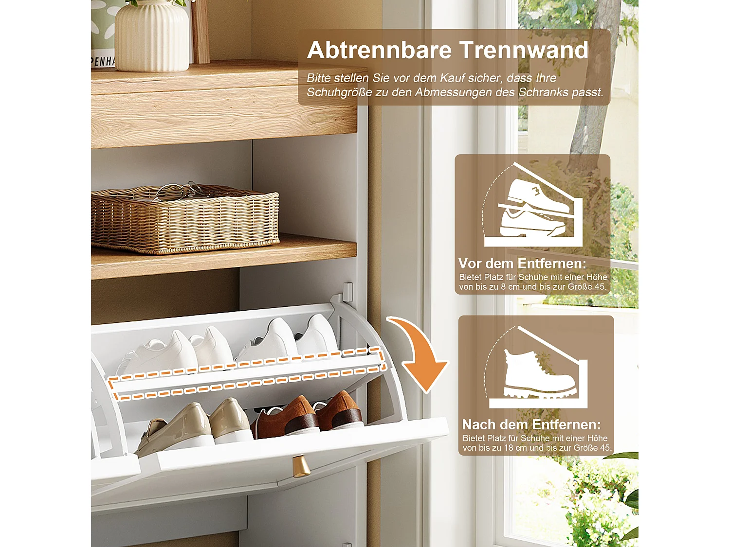 Schoenenkast 105x25x100 cm - met 4 deuren - verstelbare planken en open opbergruimte - naturel + wit