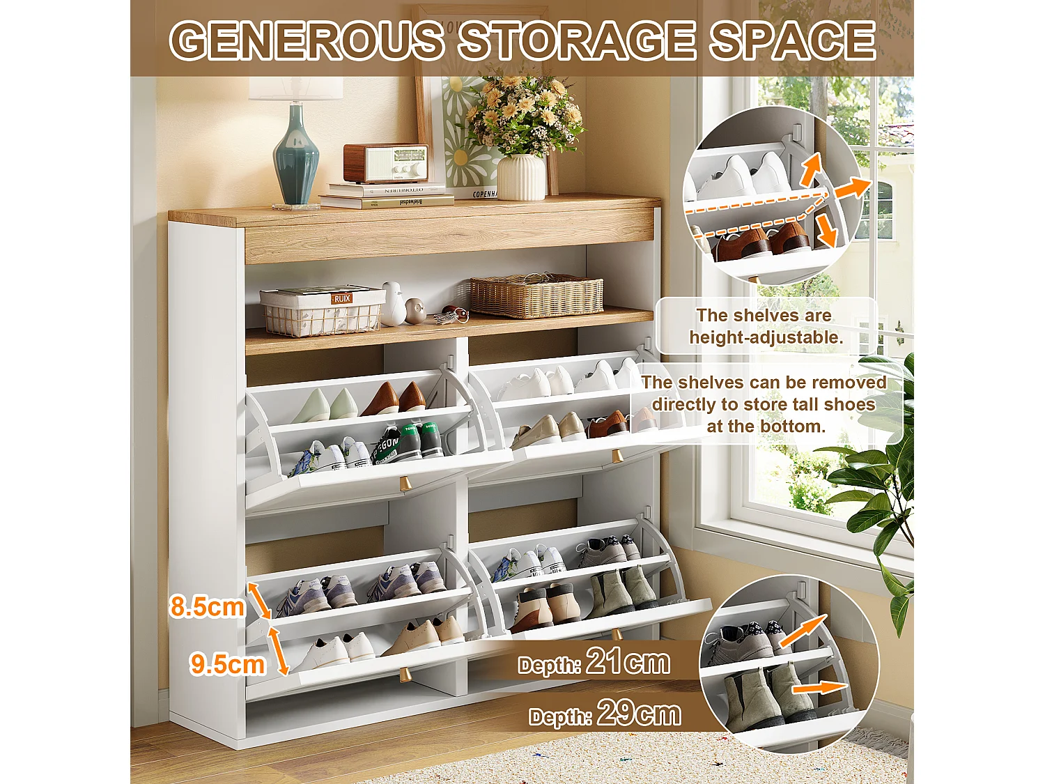 Schoenenkast 105x25x100 cm - met 4 deuren - verstelbare planken en open opbergruimte - naturel + wit