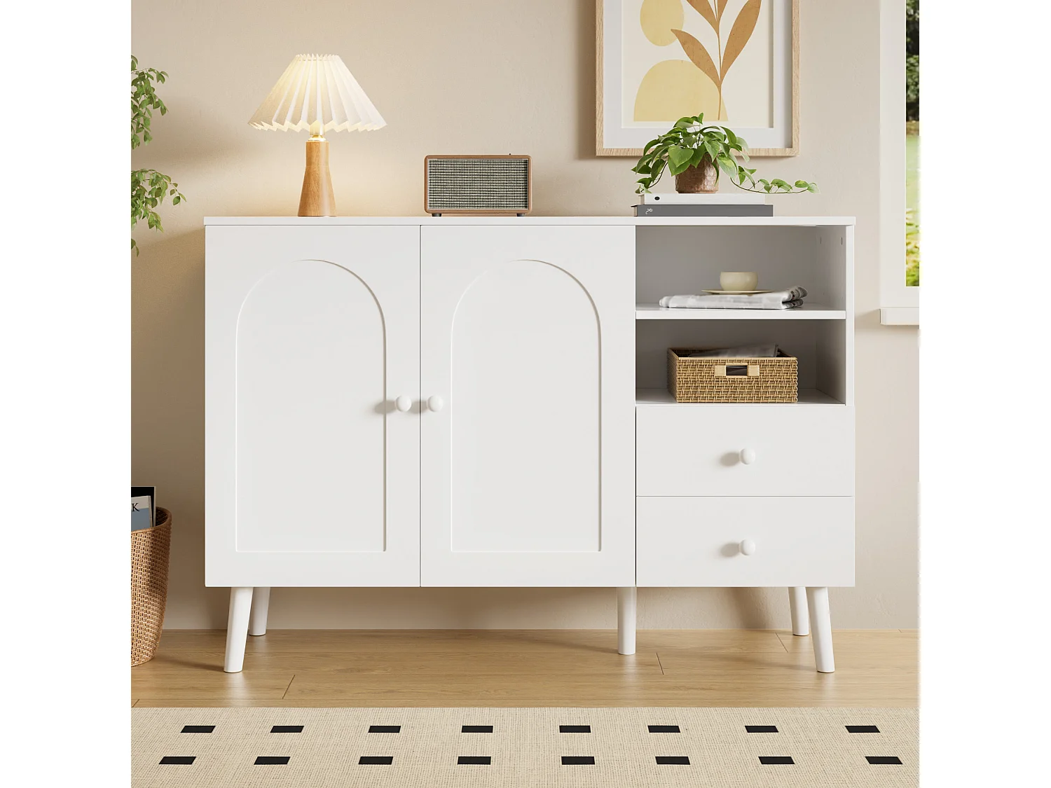 Modernes Sideboard 118x35x82 cm - 2 Türen, 2 Schubladen und 2 offene Regale - Holzgriffe und Holzfüße - MDF - Weiß
