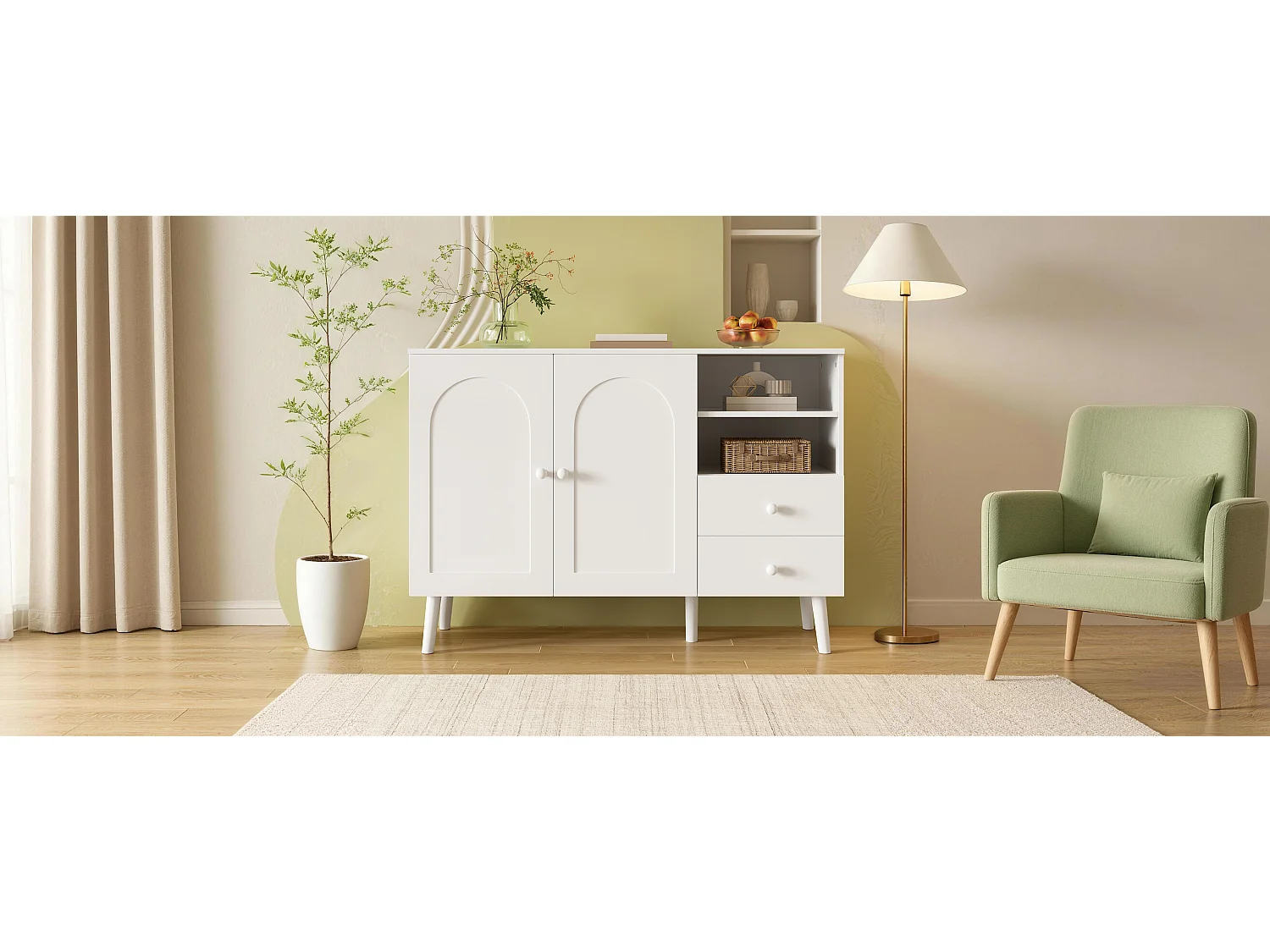 Modernes Sideboard 118x35x82 cm - 2 Türen, 2 Schubladen und 2 offene Regale - Holzgriffe und Holzfüße - MDF - Weiß