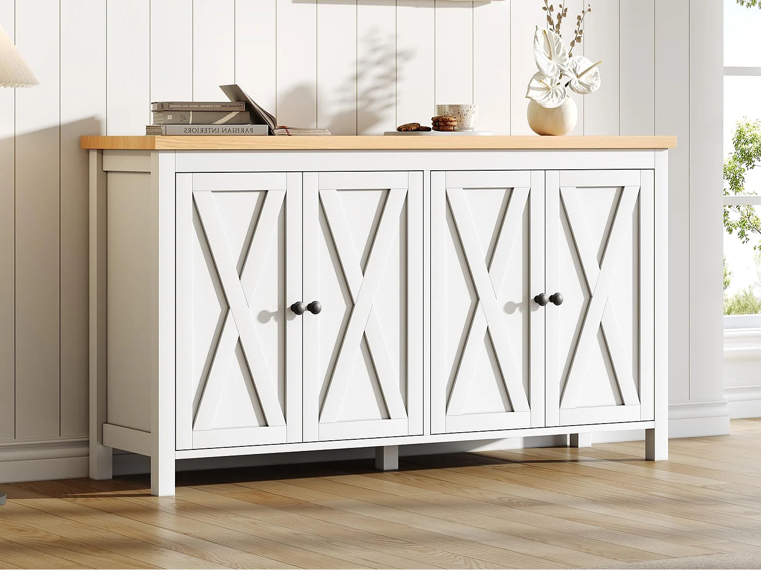 Modernes Sideboard 140x40x78 cm - mit 4 Türen und verstellbaren Regalen - runde schwarze Griffe - MDF - weiß