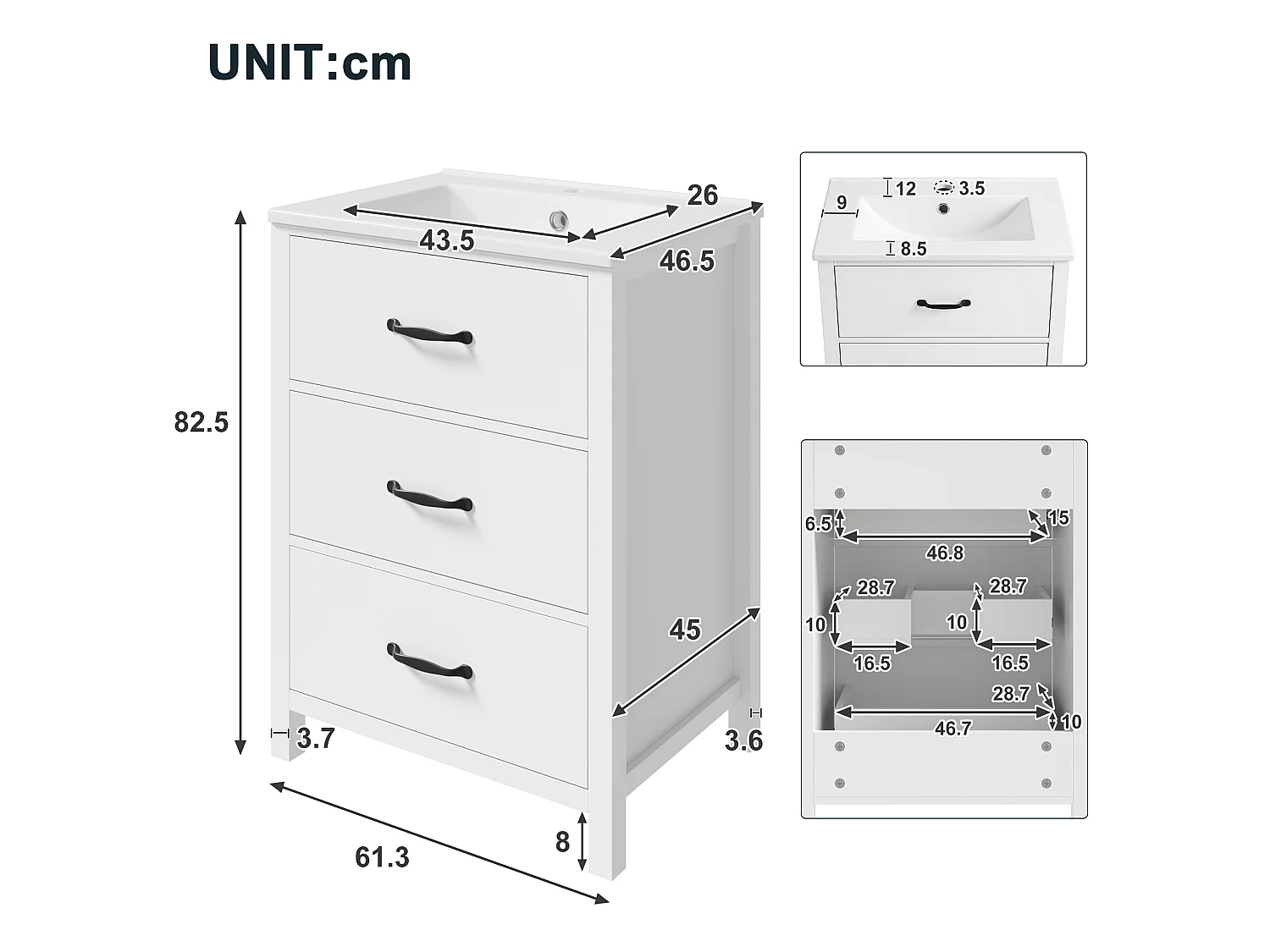 Mebel łazienkowy z ceramiczną umywalką - 61,3x46,3x82,5 cm - z 3 szufladami - MDF - biały