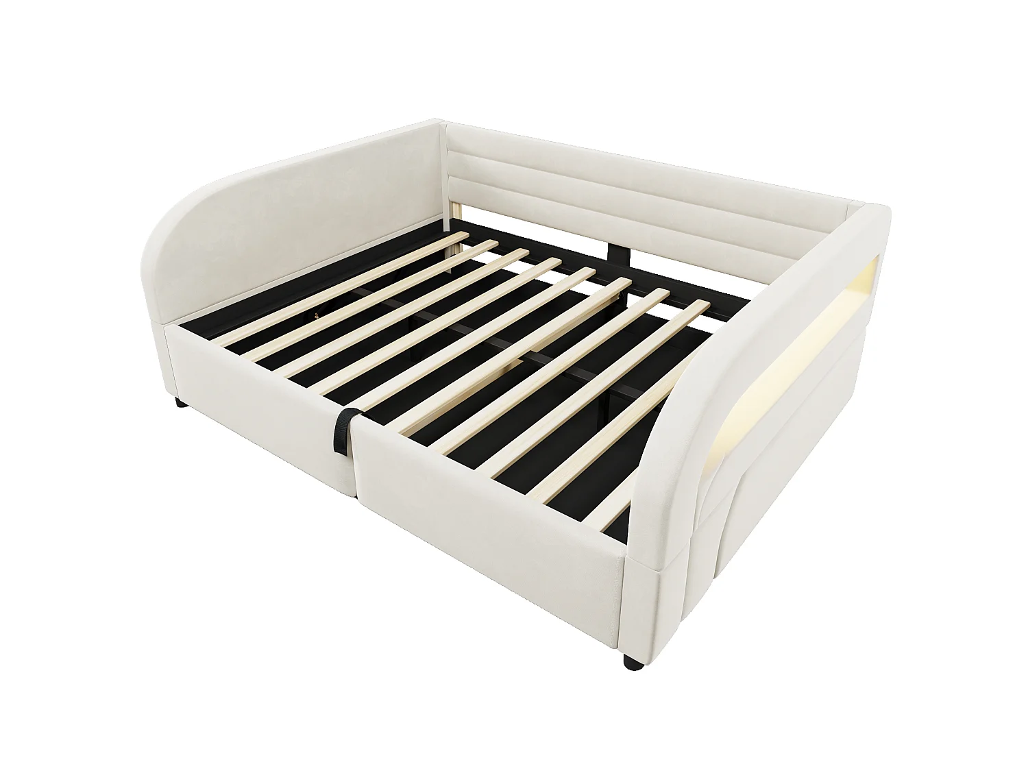 Förvaringssäng med klädsel 140x200 cm - med utdragssäng - integrerad LED-belysning - flanelltyg - beige (madrass ingår ej)