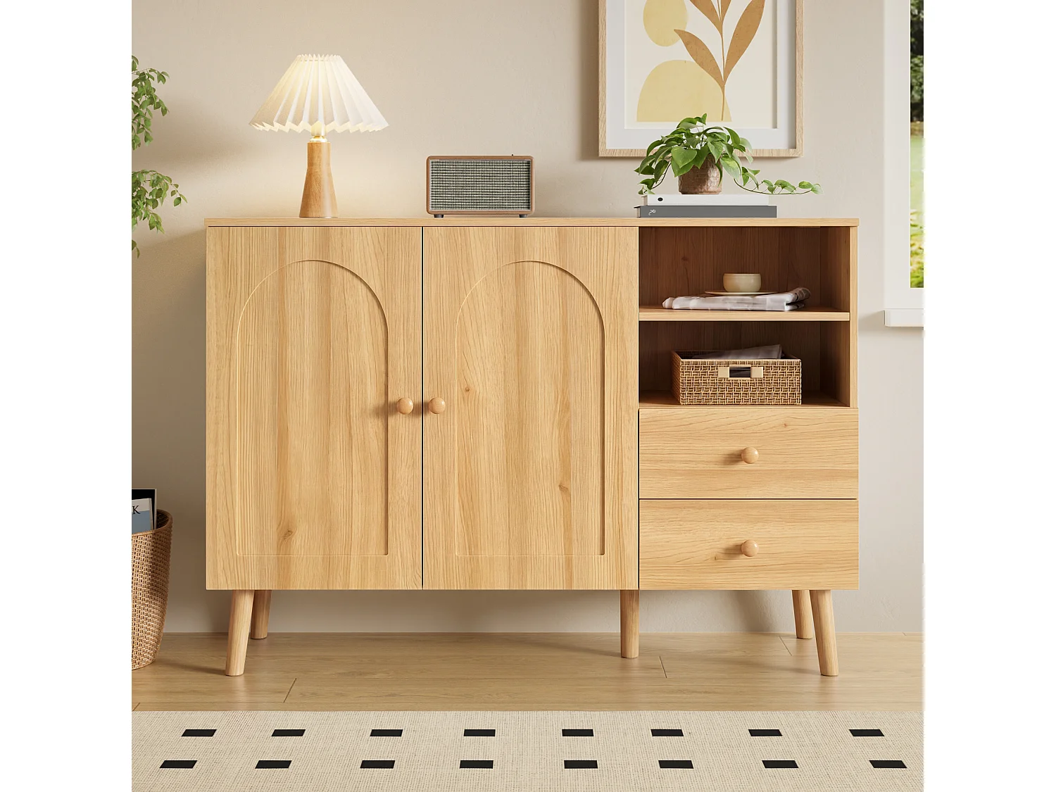Modernes Sideboard 118x35x82 cm - 2 Türen, 2 Schubladen und 2 offene Regale - Holzgriffe und Holzfüße - MDF - Natur