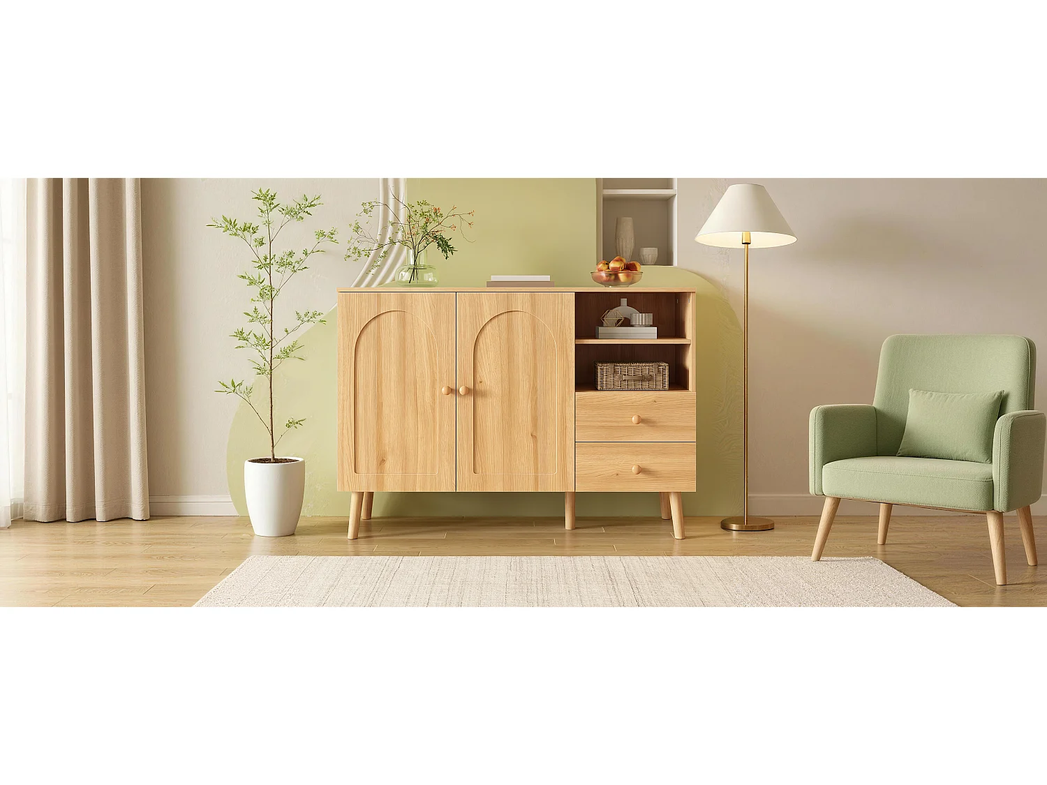 Modernes Sideboard 118x35x82 cm - 2 Türen, 2 Schubladen und 2 offene Regale - Holzgriffe und Holzfüße - MDF - Natur