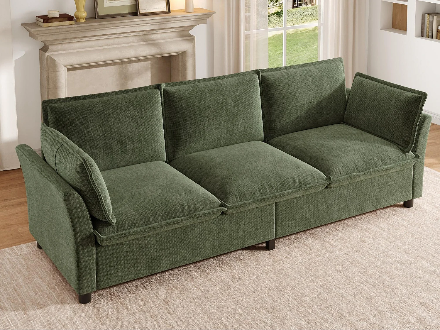 3-sitssoffa design "Molneffekt" i chenilletyg, ergonomisk soffa med 2 kuddar och robust konstruktion, för modernt vardagsrum - grön