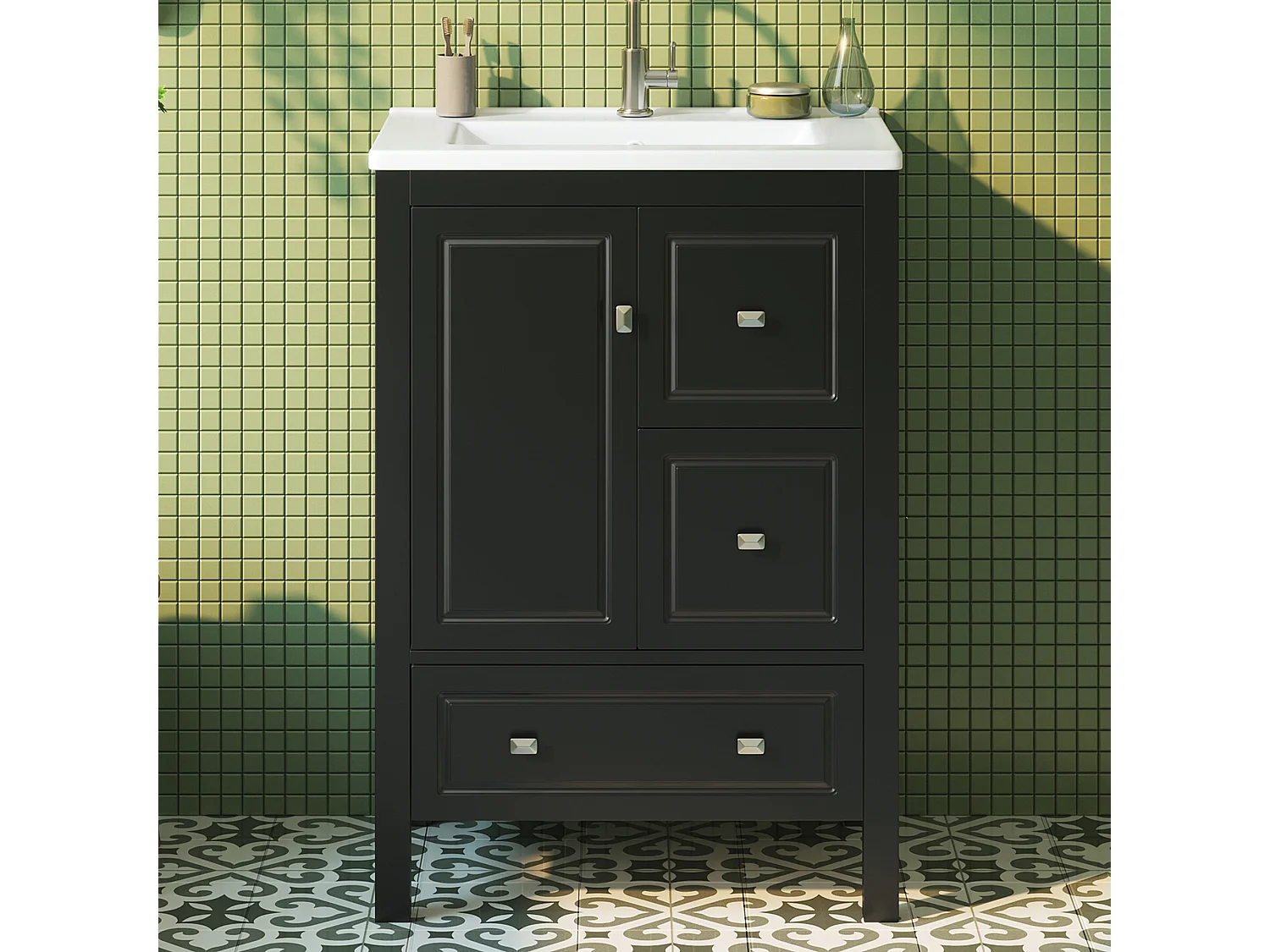 Mueble de baño con lavabo de cerámica - 62x47x90 cm - 3 cajones y 1 puerta - Acabado lacado - MDF - negro