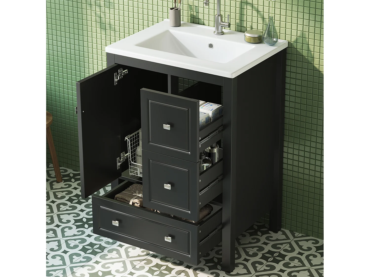 Mueble de baño con lavabo de cerámica - 62x47x90 cm - 3 cajones y 1 puerta - Acabado lacado - MDF - negro
