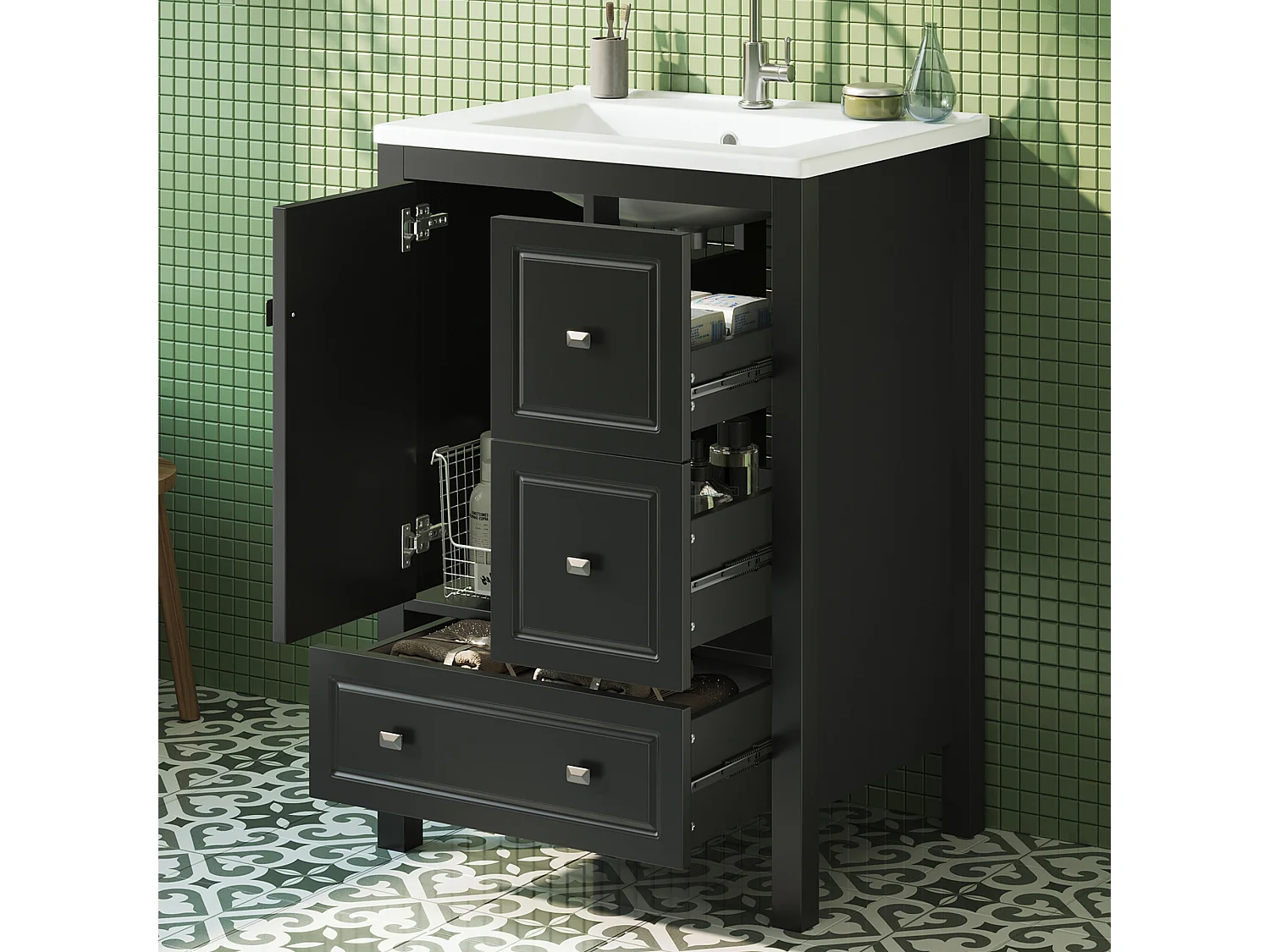 Mueble de baño con lavabo de cerámica - 62x47x90 cm - 3 cajones y 1 puerta - Acabado lacado - MDF - negro