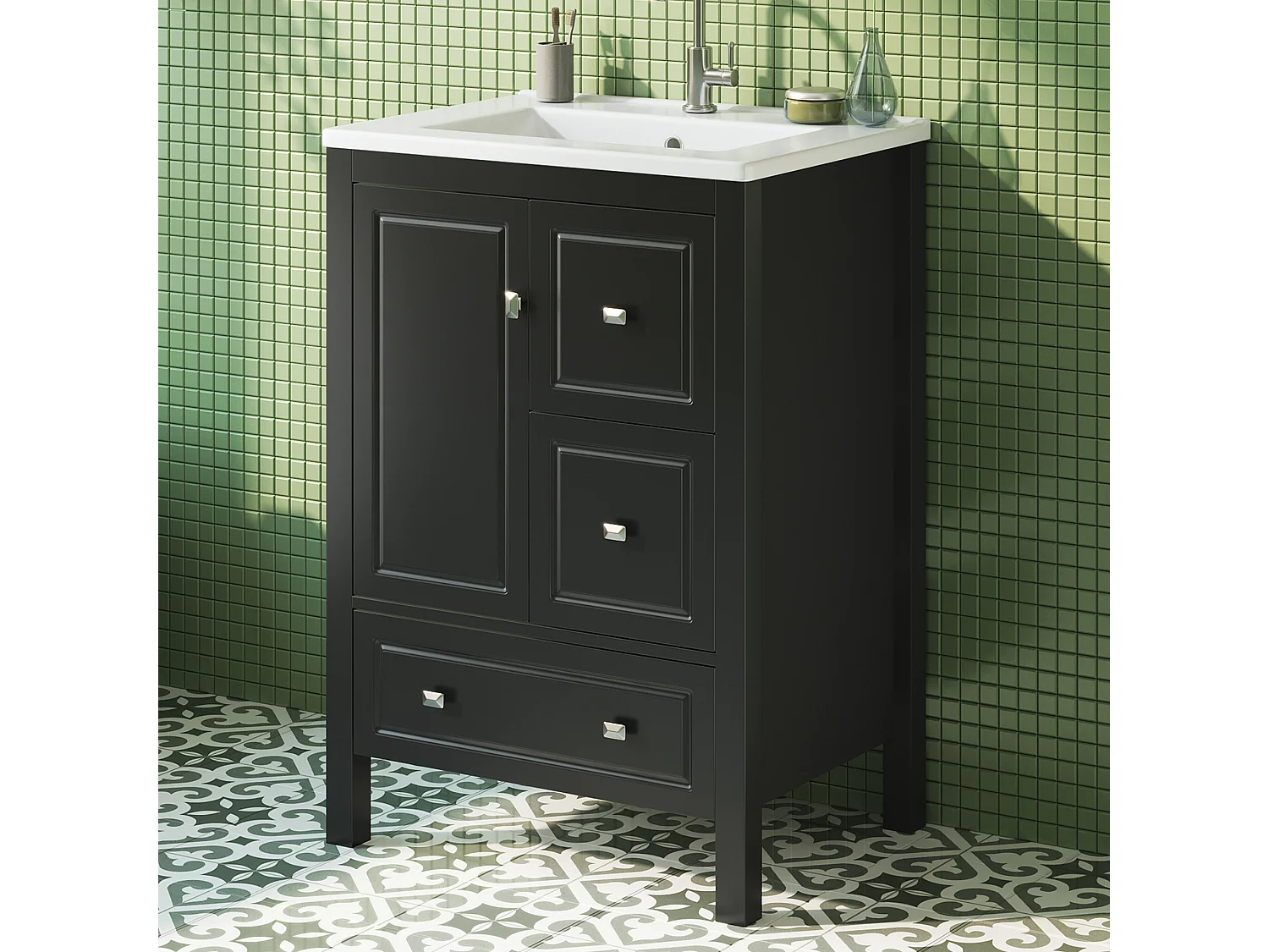 Mueble de baño con lavabo de cerámica - 62x47x90 cm - 3 cajones y 1 puerta - Acabado lacado - MDF - negro