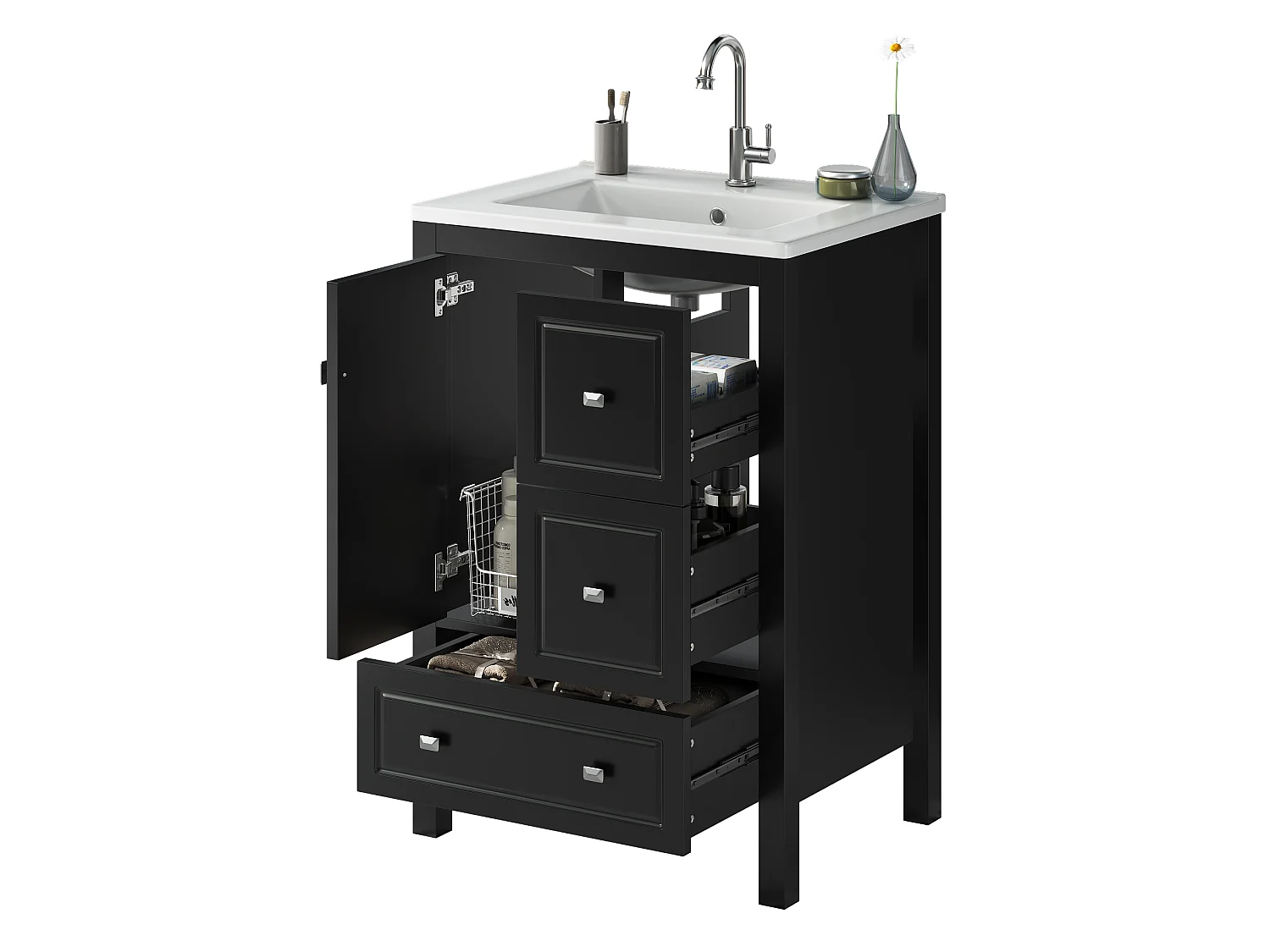 Mueble de baño con lavabo de cerámica - 62x47x90 cm - 3 cajones y 1 puerta - Acabado lacado - MDF - negro