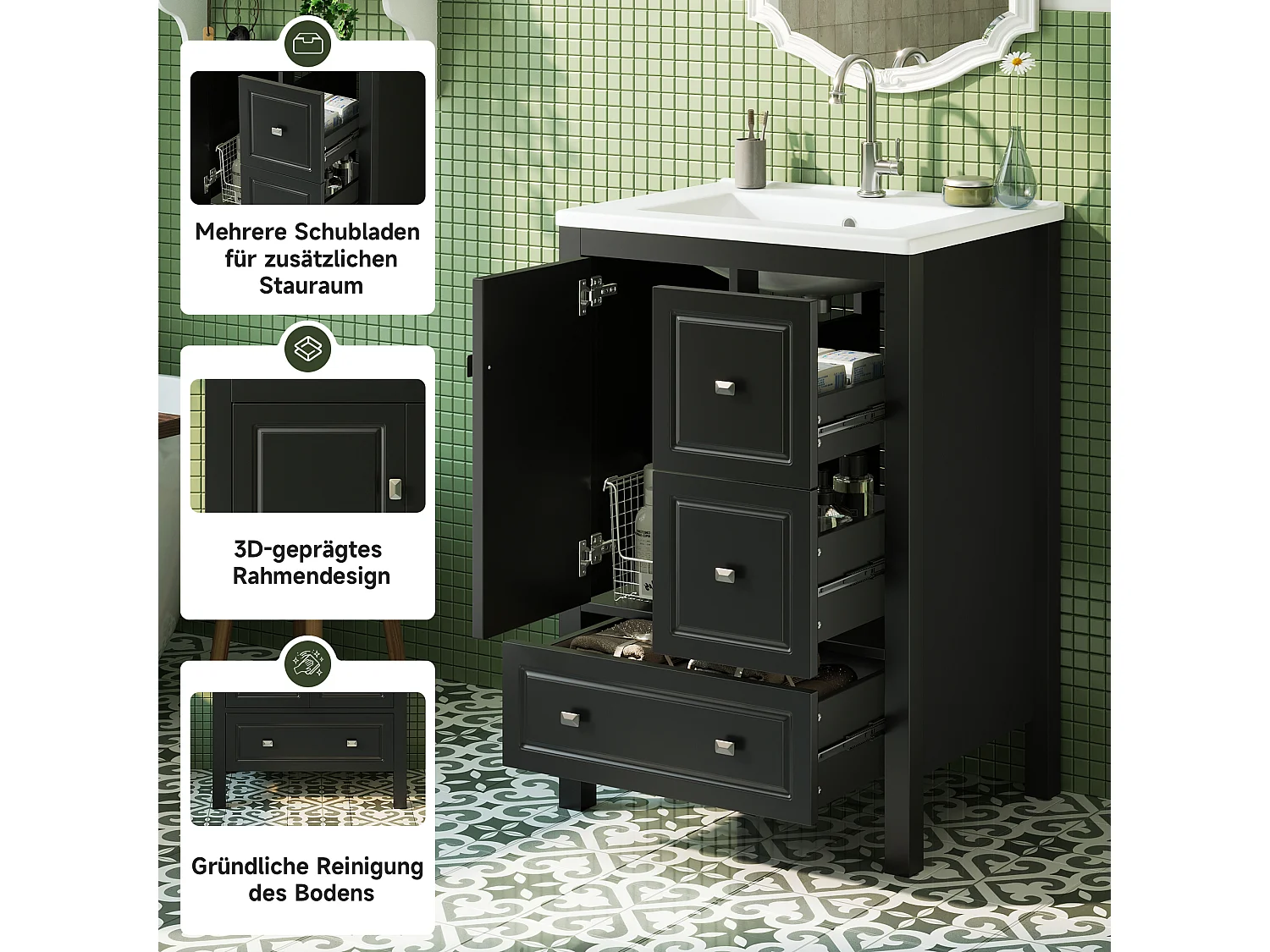 Mueble de baño con lavabo de cerámica - 62x47x90 cm - 3 cajones y 1 puerta - Acabado lacado - MDF - negro