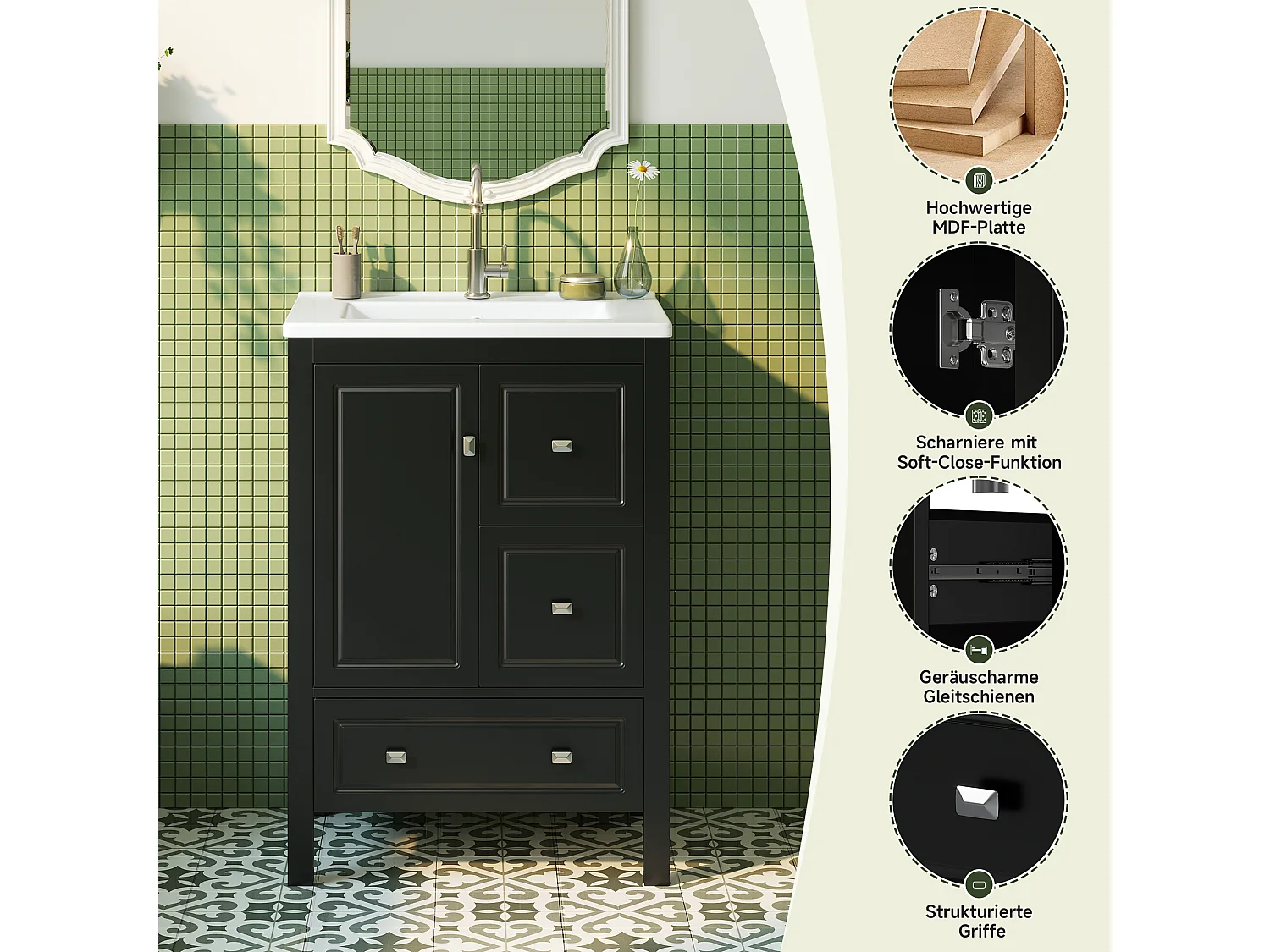 Mueble de baño con lavabo de cerámica - 62x47x90 cm - 3 cajones y 1 puerta - Acabado lacado - MDF - negro