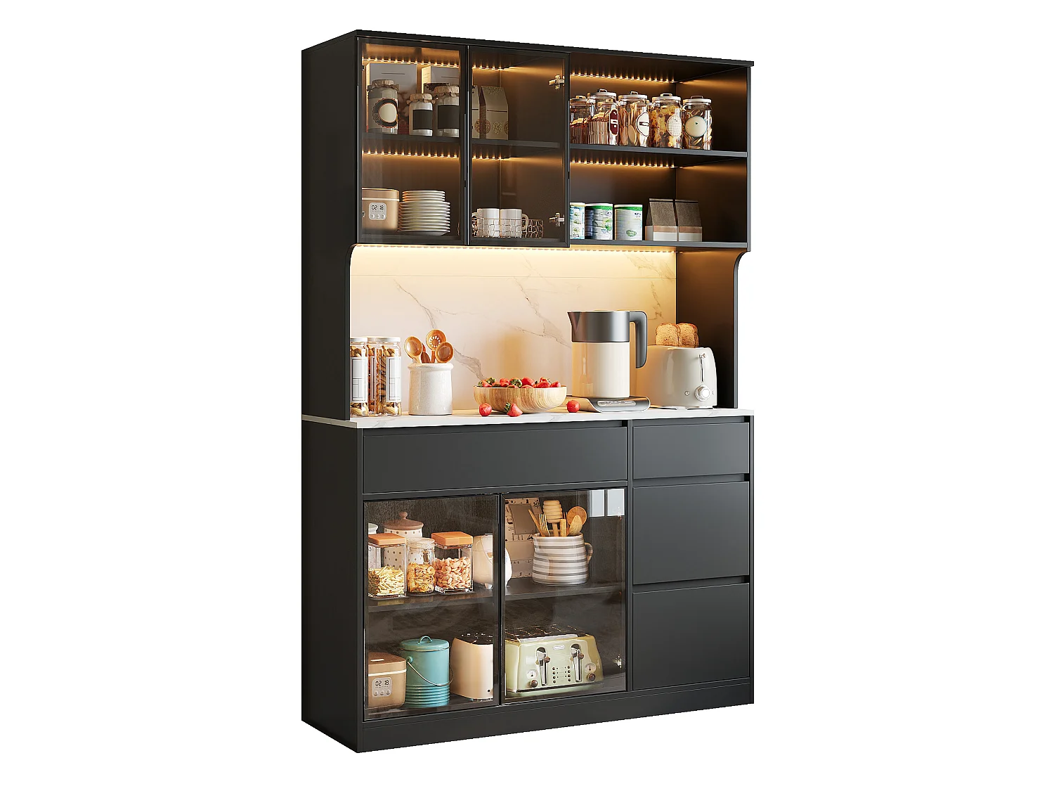 Tall Display Cabinet 120x40x180 cm - 4 Doors and 4 Drawers - LED Lighting - Marble Finish - MDF Structure - Black