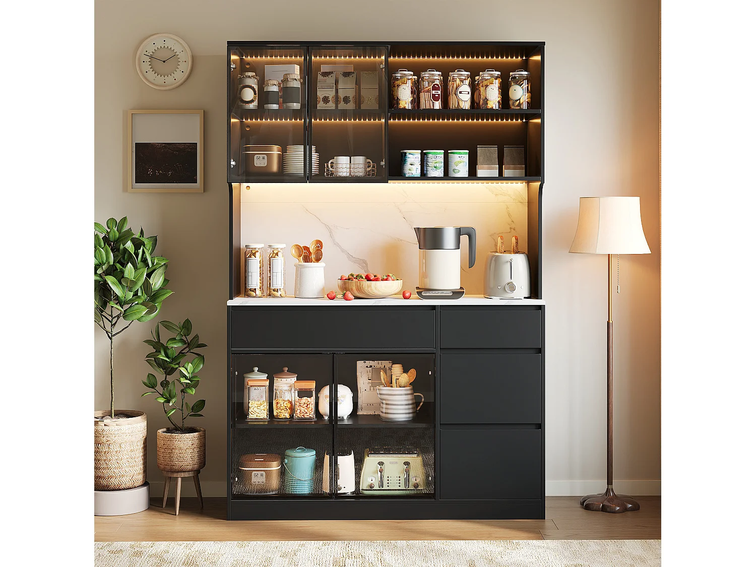Tall Display Cabinet 120x40x180 cm - 4 Doors and 4 Drawers - LED Lighting - Marble Finish - MDF Structure - Black
