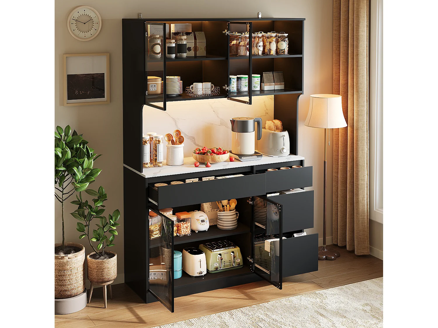 Tall Display Cabinet 120x40x180 cm - 4 Doors and 4 Drawers - LED Lighting - Marble Finish - MDF Structure - Black