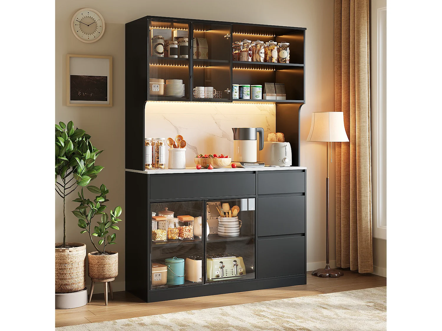 Tall Display Cabinet 120x40x180 cm - 4 Doors and 4 Drawers - LED Lighting - Marble Finish - MDF Structure - Black