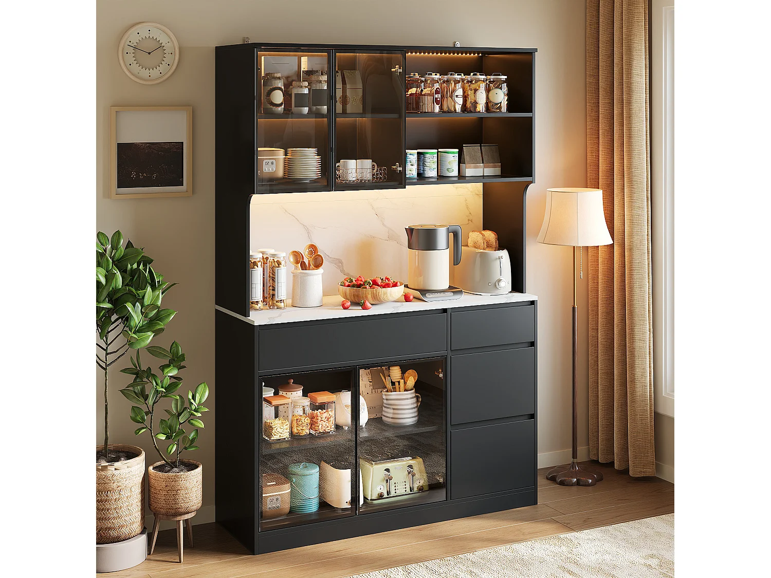 Tall Display Cabinet 120x40x180 cm - 4 Doors and 4 Drawers - LED Lighting - Marble Finish - MDF Structure - Black