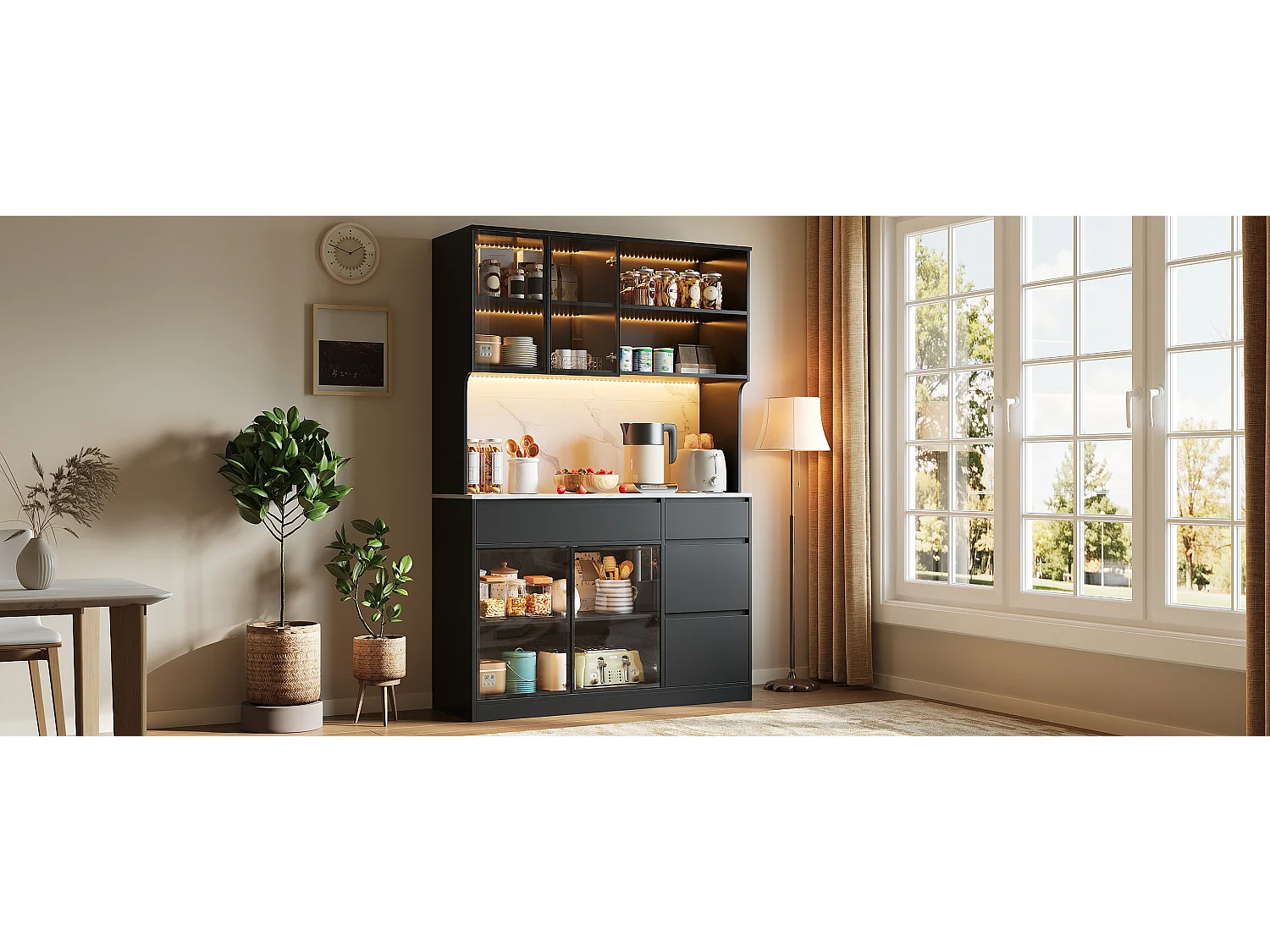 Tall Display Cabinet 120x40x180 cm - 4 Doors and 4 Drawers - LED Lighting - Marble Finish - MDF Structure - Black