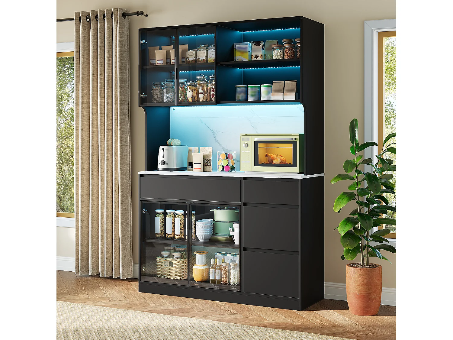 Tall Display Cabinet 120x40x180 cm - 4 Doors and 4 Drawers - LED Lighting - Marble Finish - MDF Structure - Black