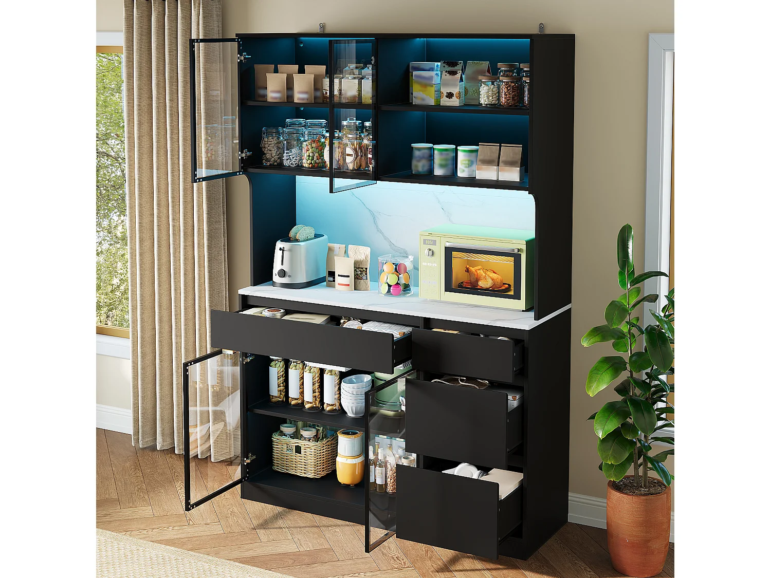 Tall Display Cabinet 120x40x180 cm - 4 Doors and 4 Drawers - LED Lighting - Marble Finish - MDF Structure - Black