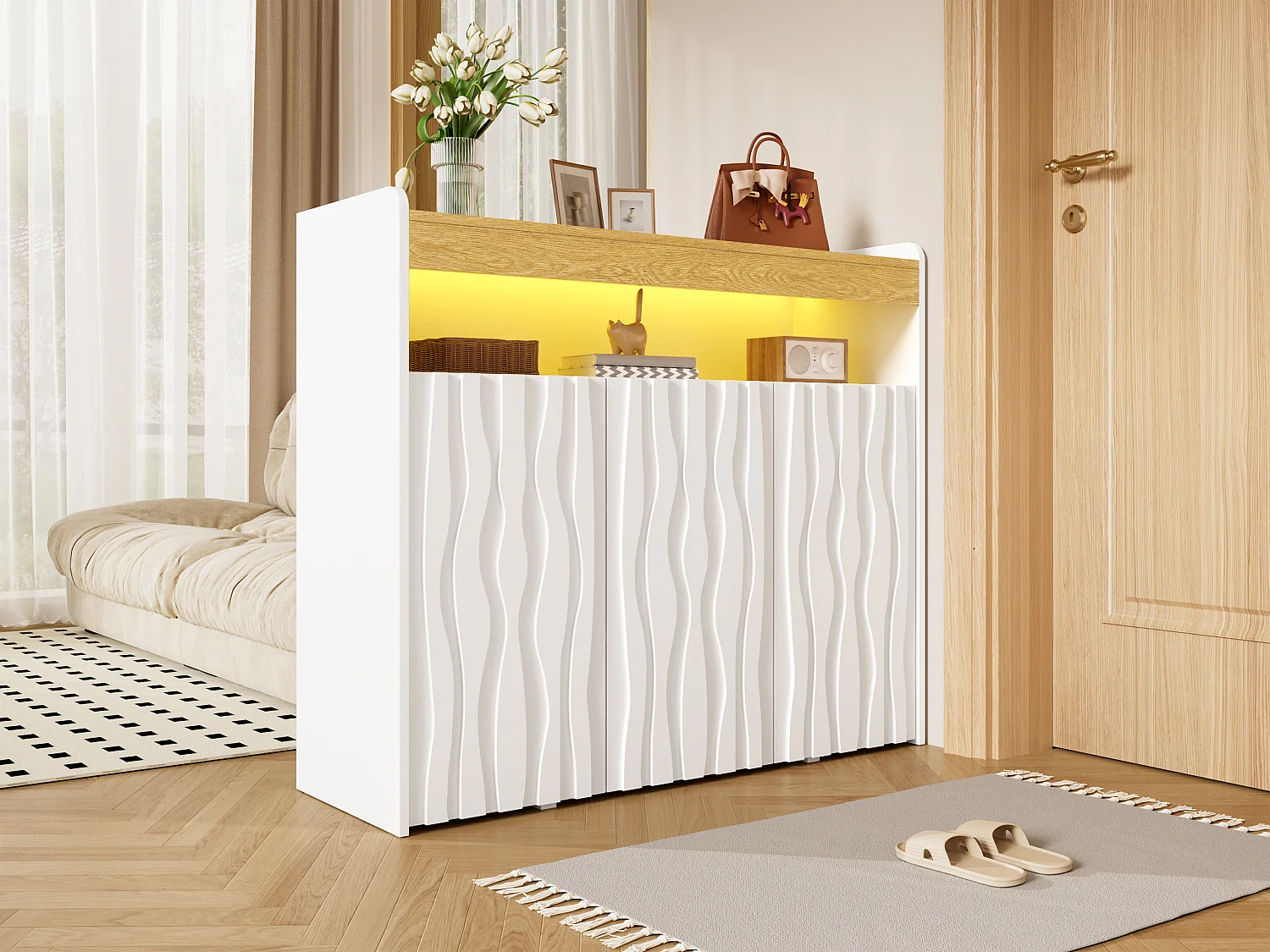 Modern sideboard 105×35×90 cm - med LED-belysning - med 3 dörrar - öppen förvaringsyta - vågmönster - natur + vit