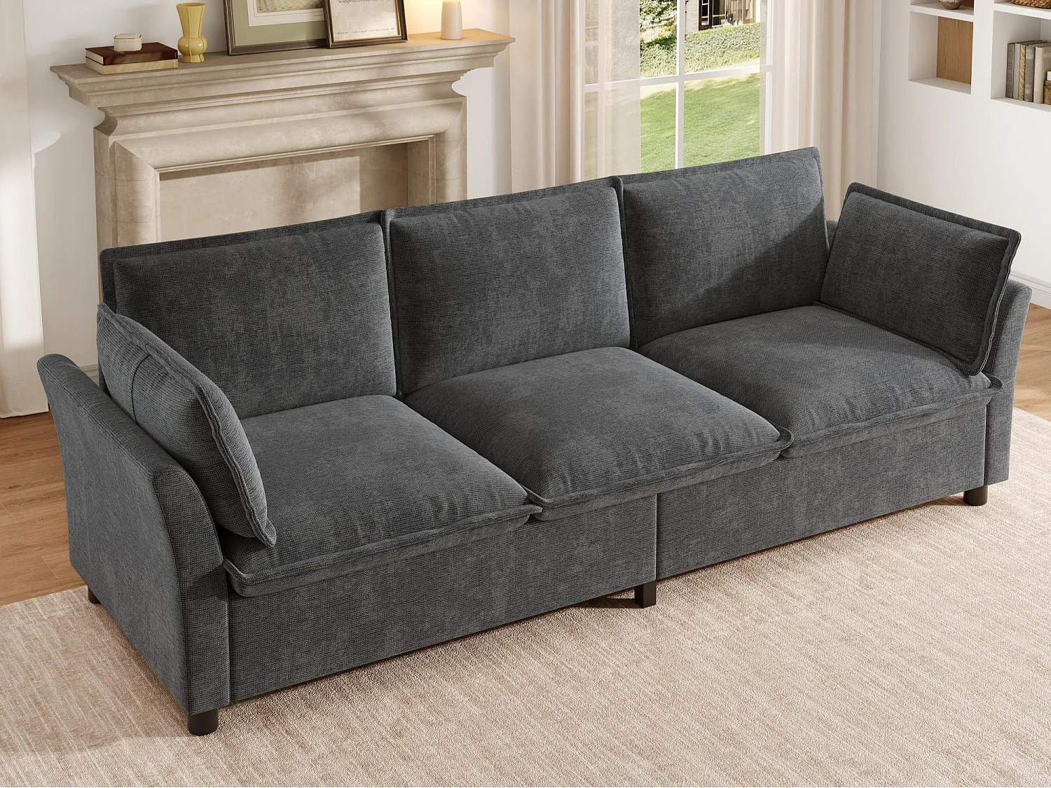 3-sitssoffa design "Molneffekt" i chenilletyg, ergonomisk soffa med 2 kuddar och robust konstruktion, för modernt vardagsrum - grå