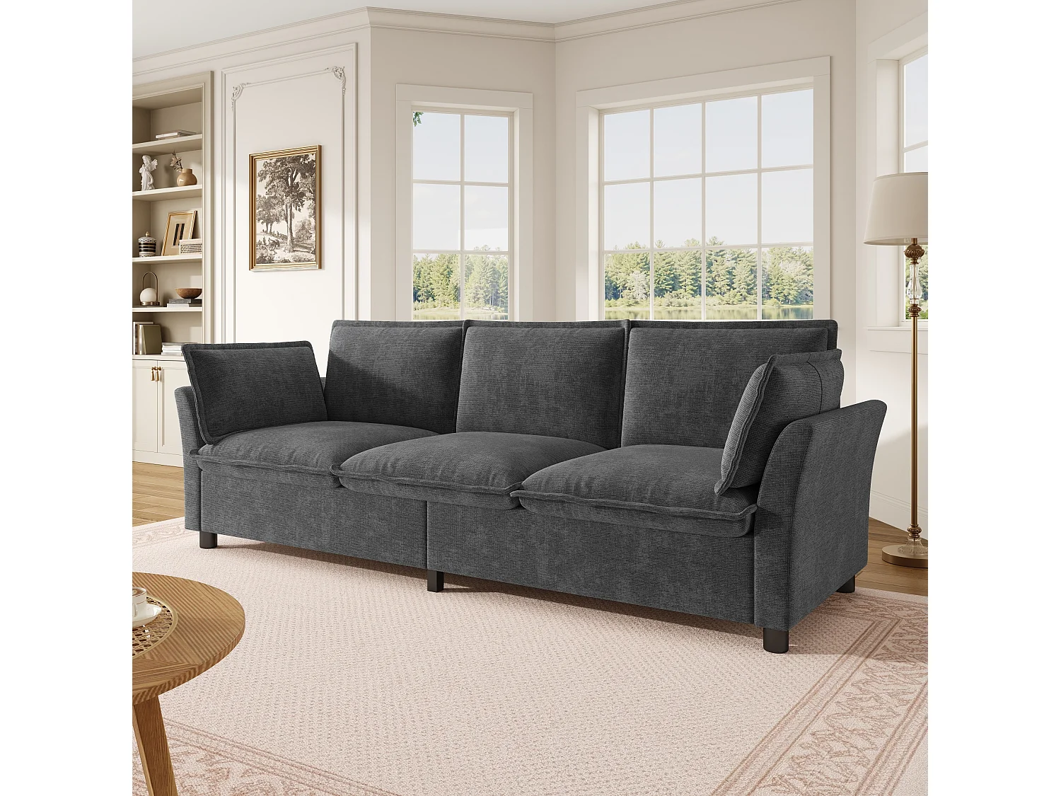 3-sitssoffa design "Molneffekt" i chenilletyg, ergonomisk soffa med 2 kuddar och robust konstruktion, för modernt vardagsrum - grå