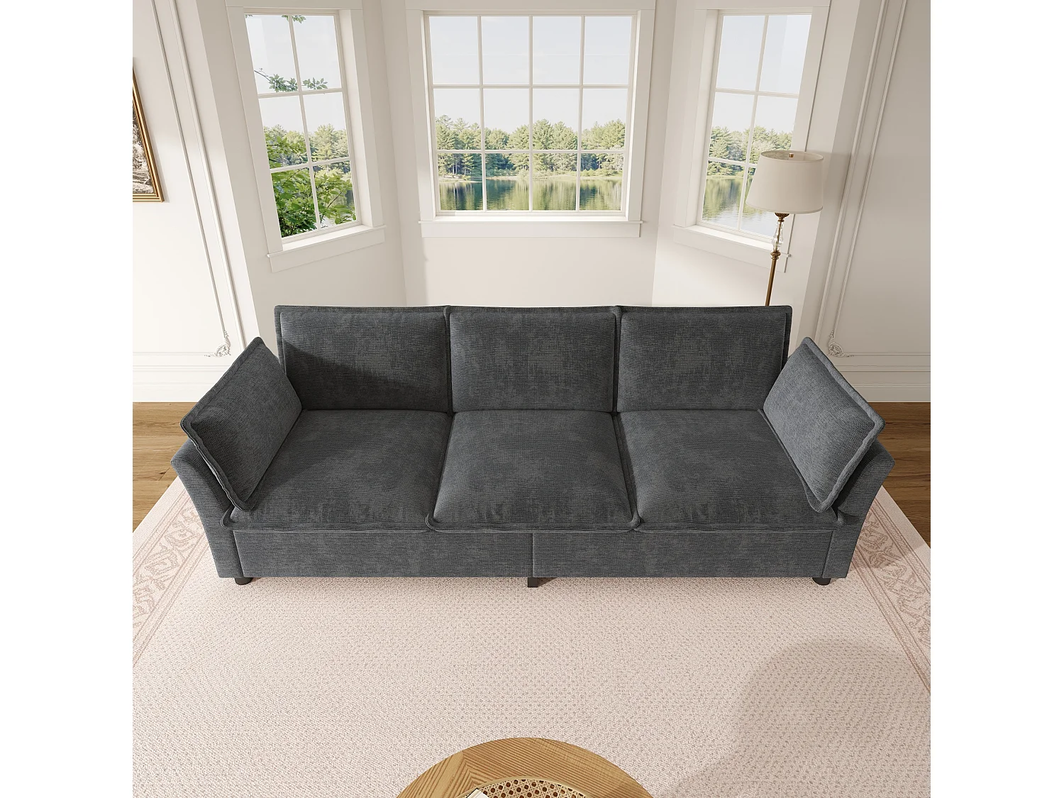 3-sitssoffa design "Molneffekt" i chenilletyg, ergonomisk soffa med 2 kuddar och robust konstruktion, för modernt vardagsrum - grå