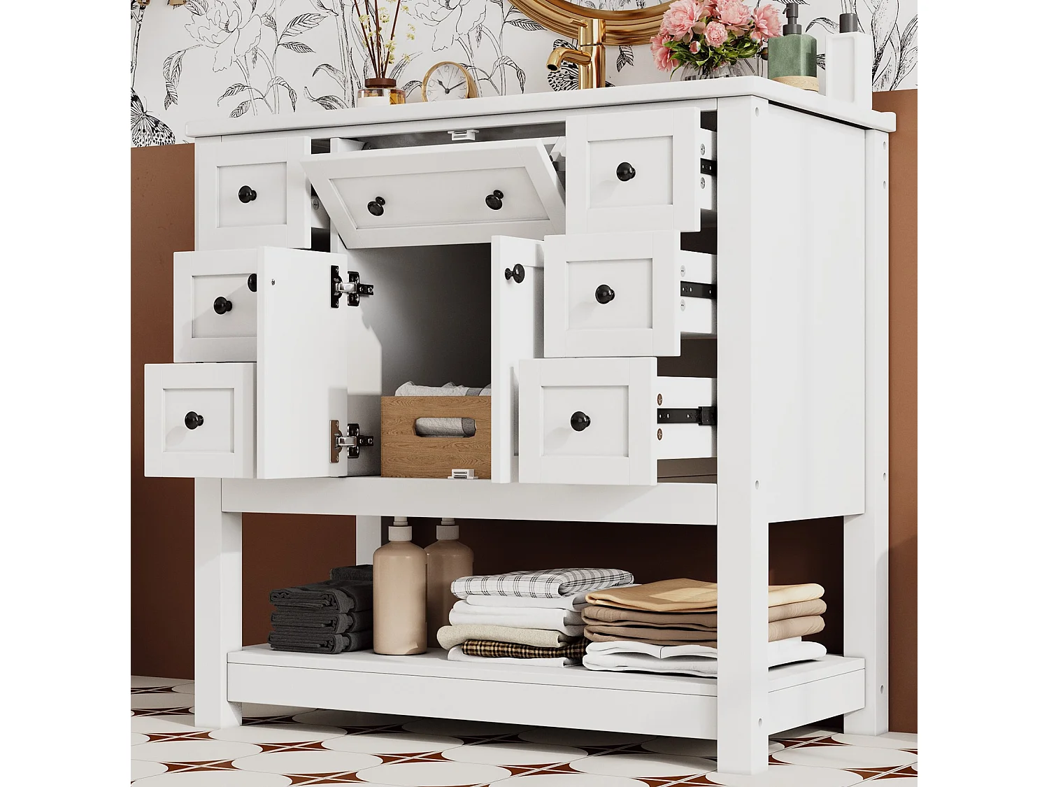Mebel łazienkowy z ceramiczną umywalką - 91,5x46,5x90 cm - Lakierowane wykończenie - 7 szuflad i 2 drzwi - MDF - biały