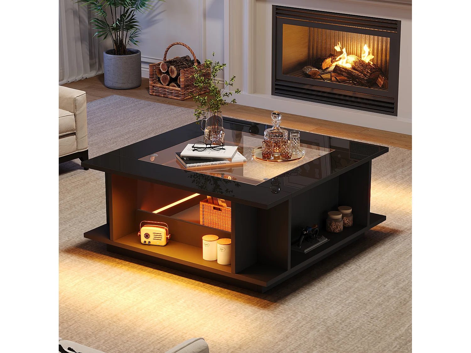 Firkantet sofabord 70x70x30 cm - LED-belysning - glasplade - højglans finish - spånplade - sort