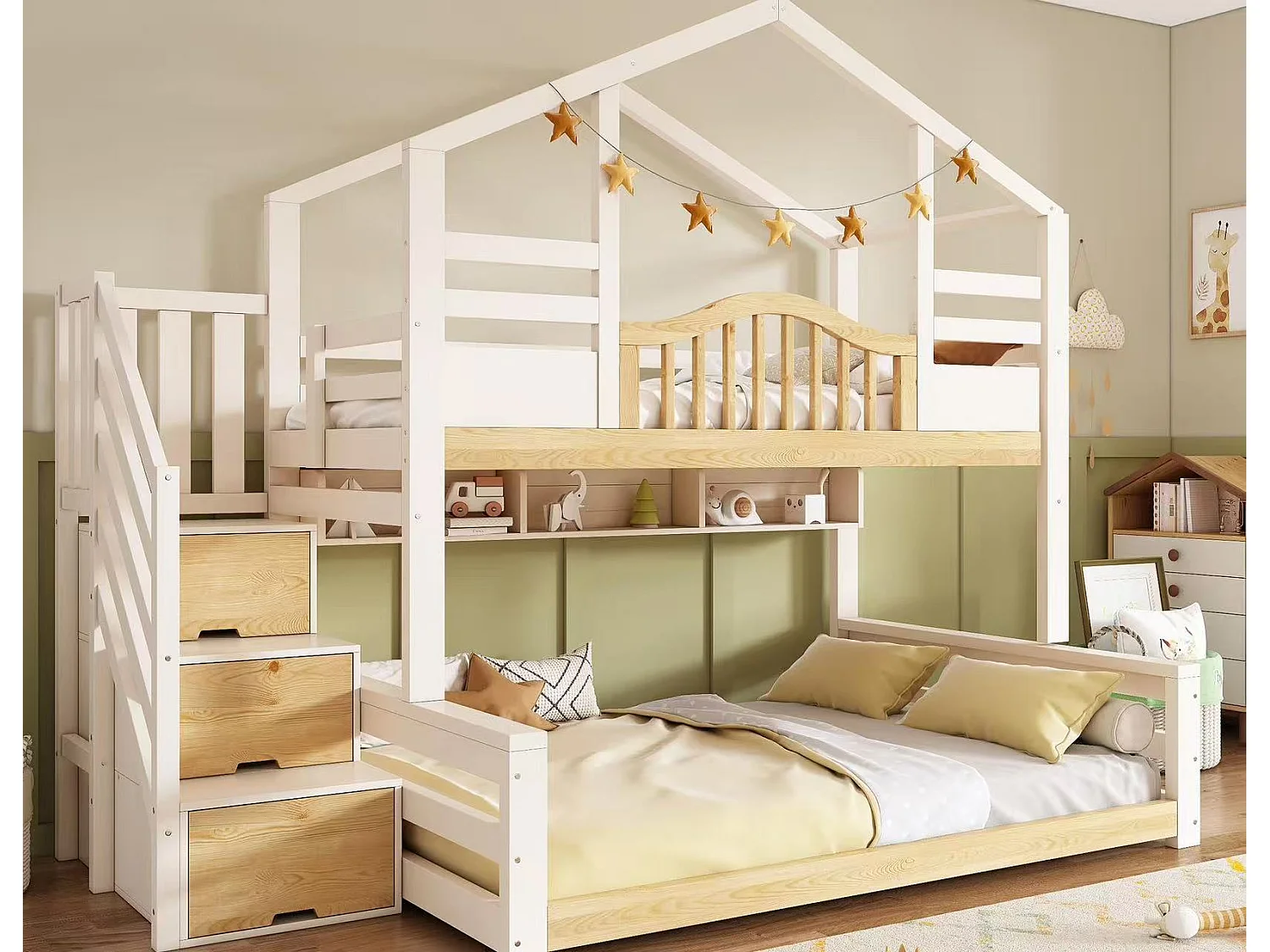 Lit superposé 90x200cm + 140x200cm - conception de maison - avec escalier de rangement et étagères - Bois massif + MDF - Blanc+Naturel (sans matelas)