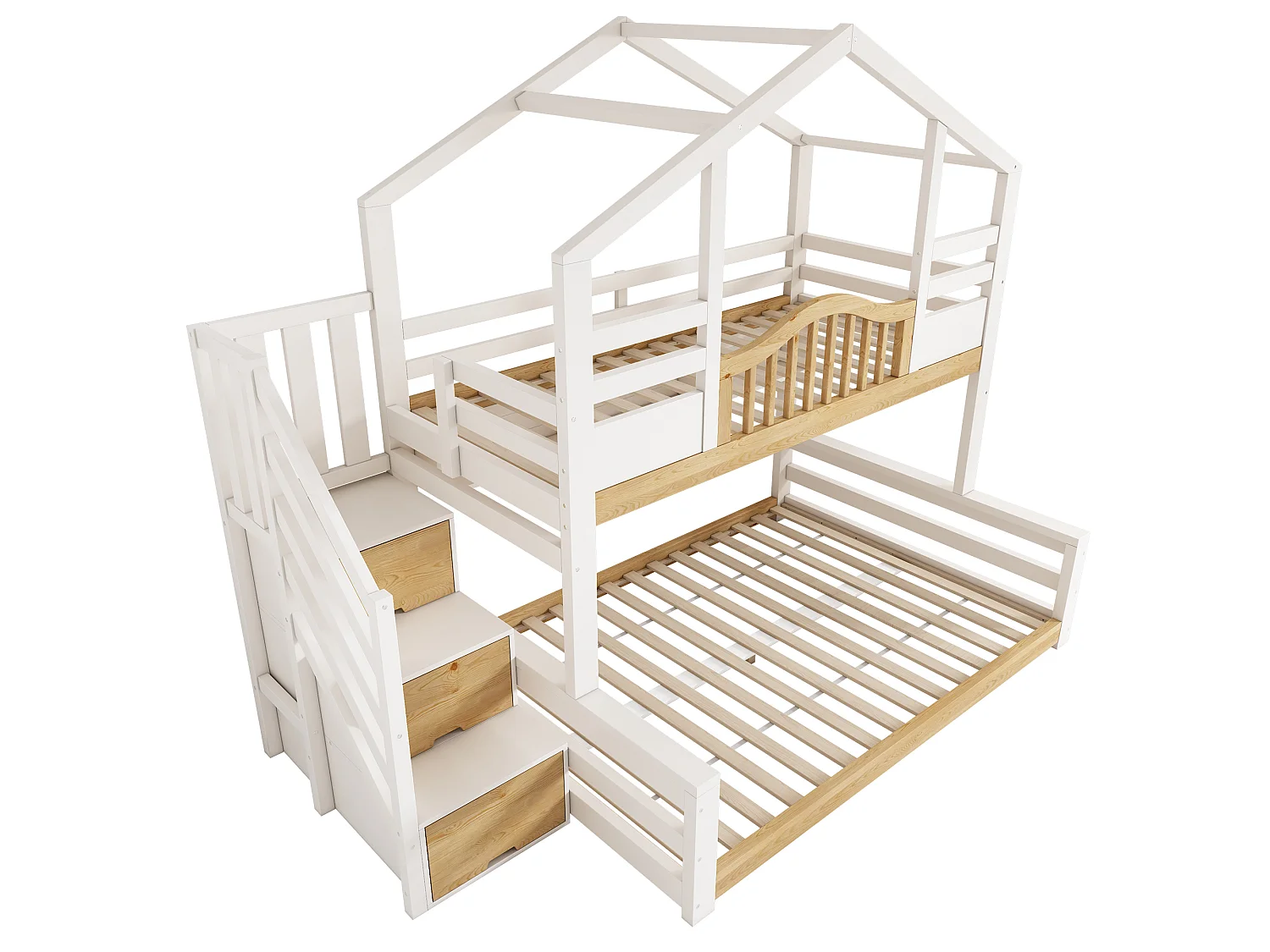 Lit superposé 90x200cm + 140x200cm - conception de maison - avec escalier de rangement et étagères - Bois massif + MDF - Blanc+Naturel (sans matelas)