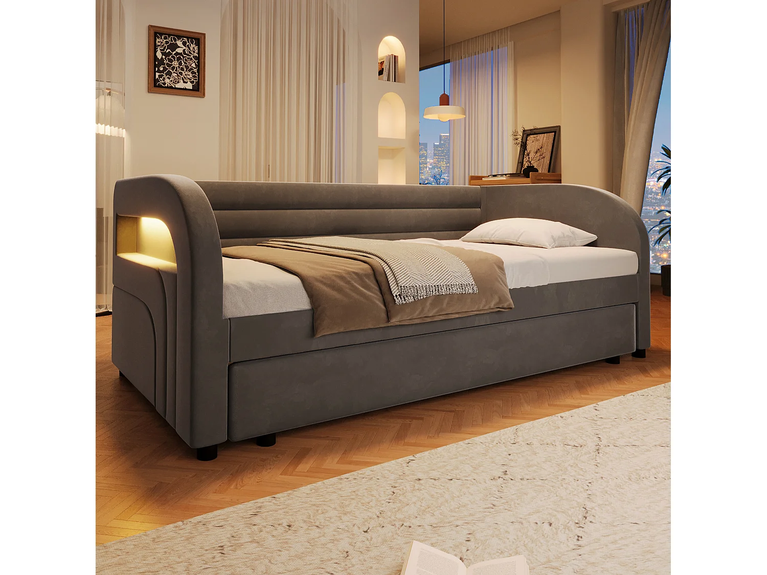 Stoppad bäddsoffa 90x200 cm - med utdragssäng - integrerad LED-belysning - flanelltyg - grå (madrass ingår ej)