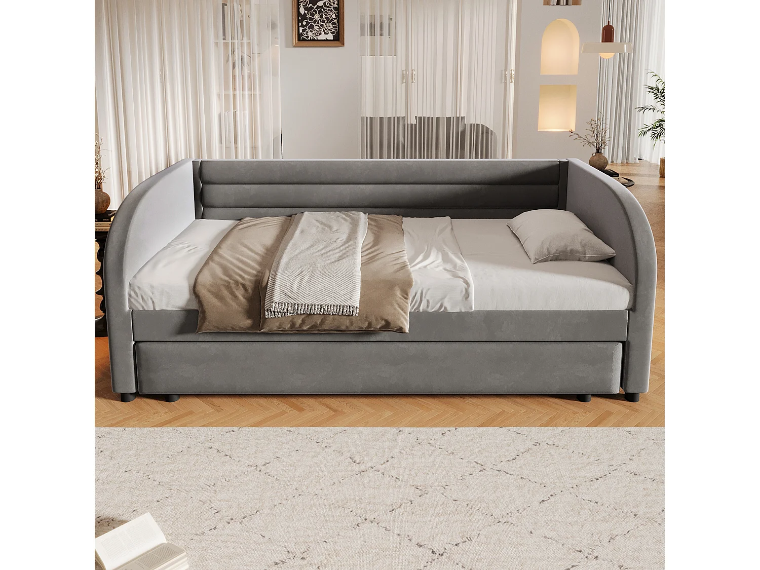 Stoppad bäddsoffa 90x200 cm - med utdragssäng - integrerad LED-belysning - flanelltyg - grå (madrass ingår ej)