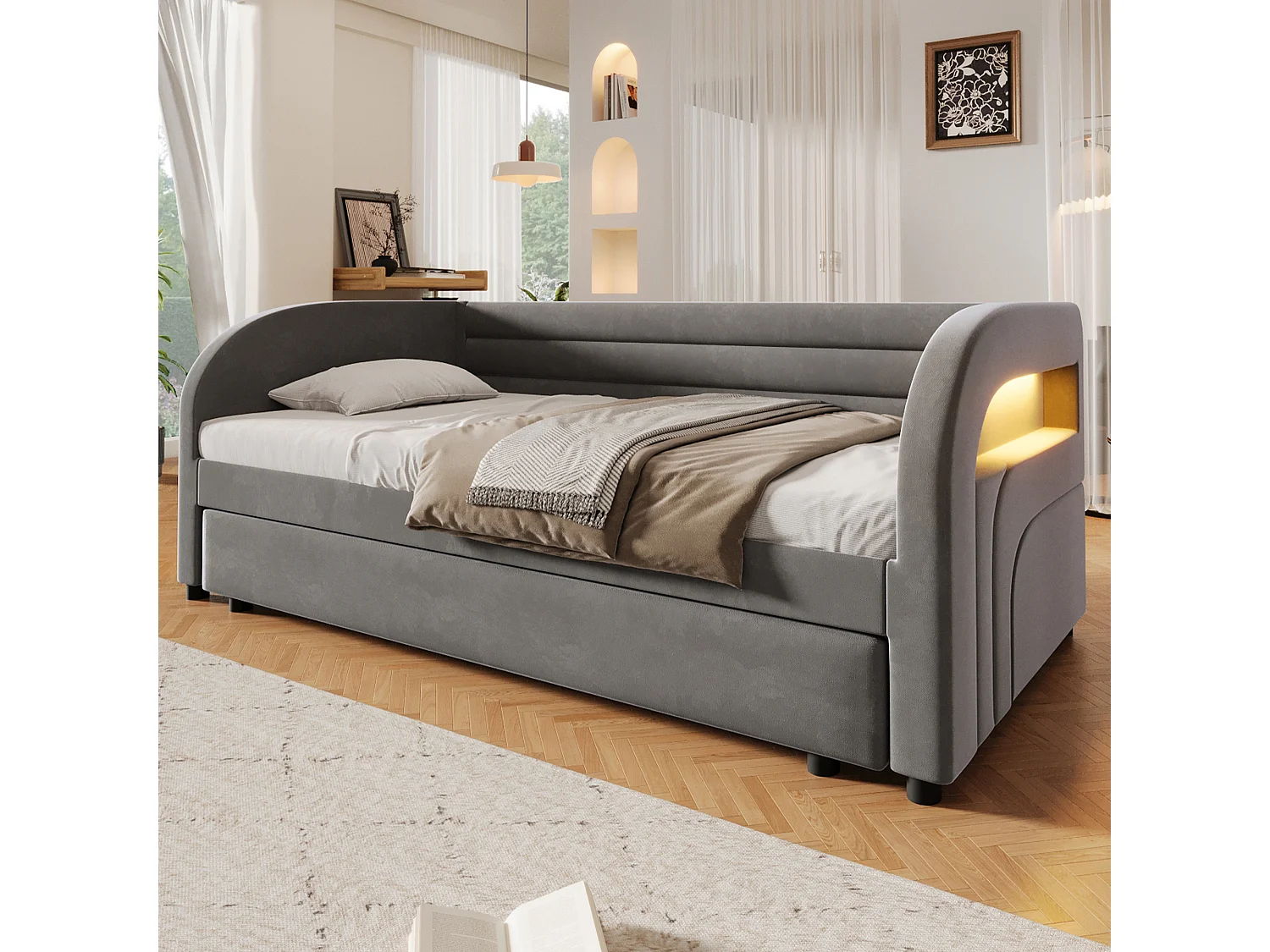 Stoppad bäddsoffa 90x200 cm - med utdragssäng - integrerad LED-belysning - flanelltyg - grå (madrass ingår ej)